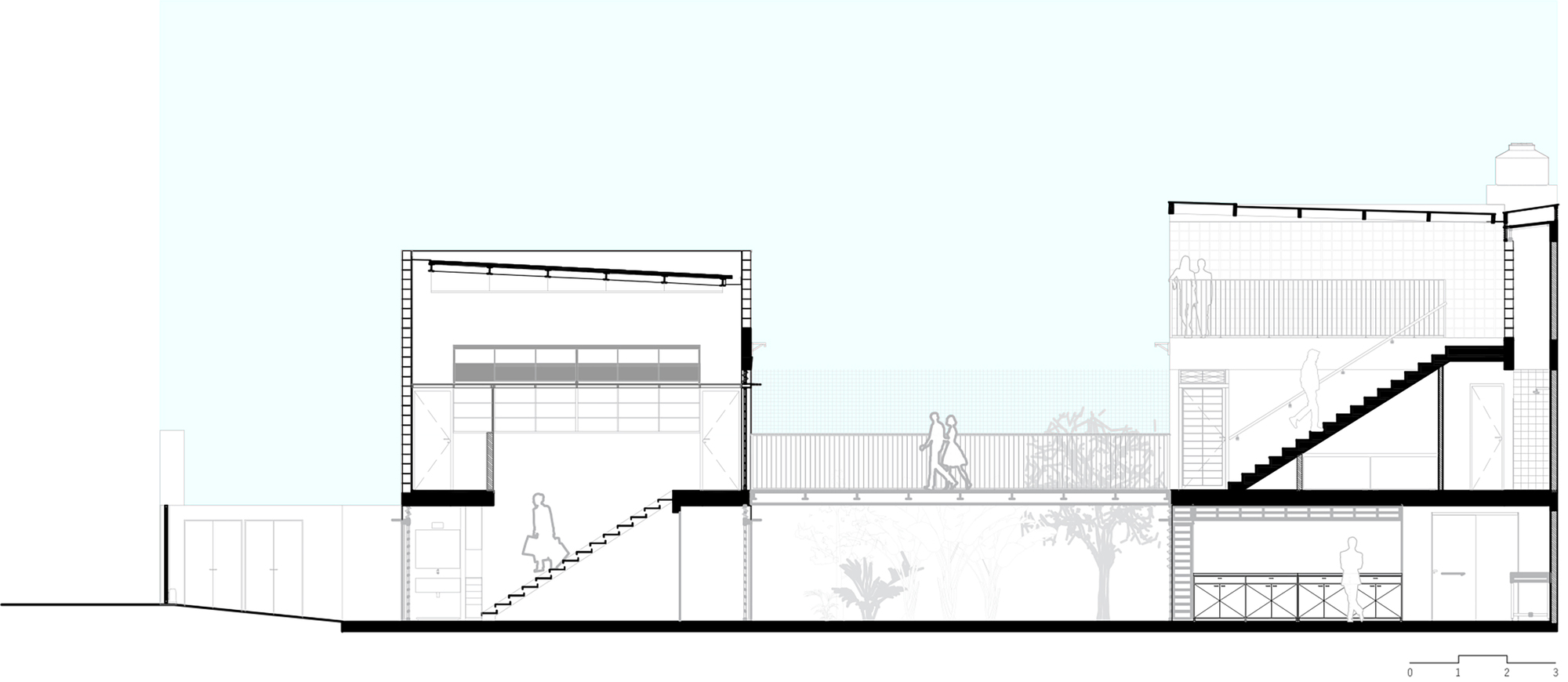 Longitudinal section drawing showing interior stairs connecting levels, courtyard pool, and planted areas