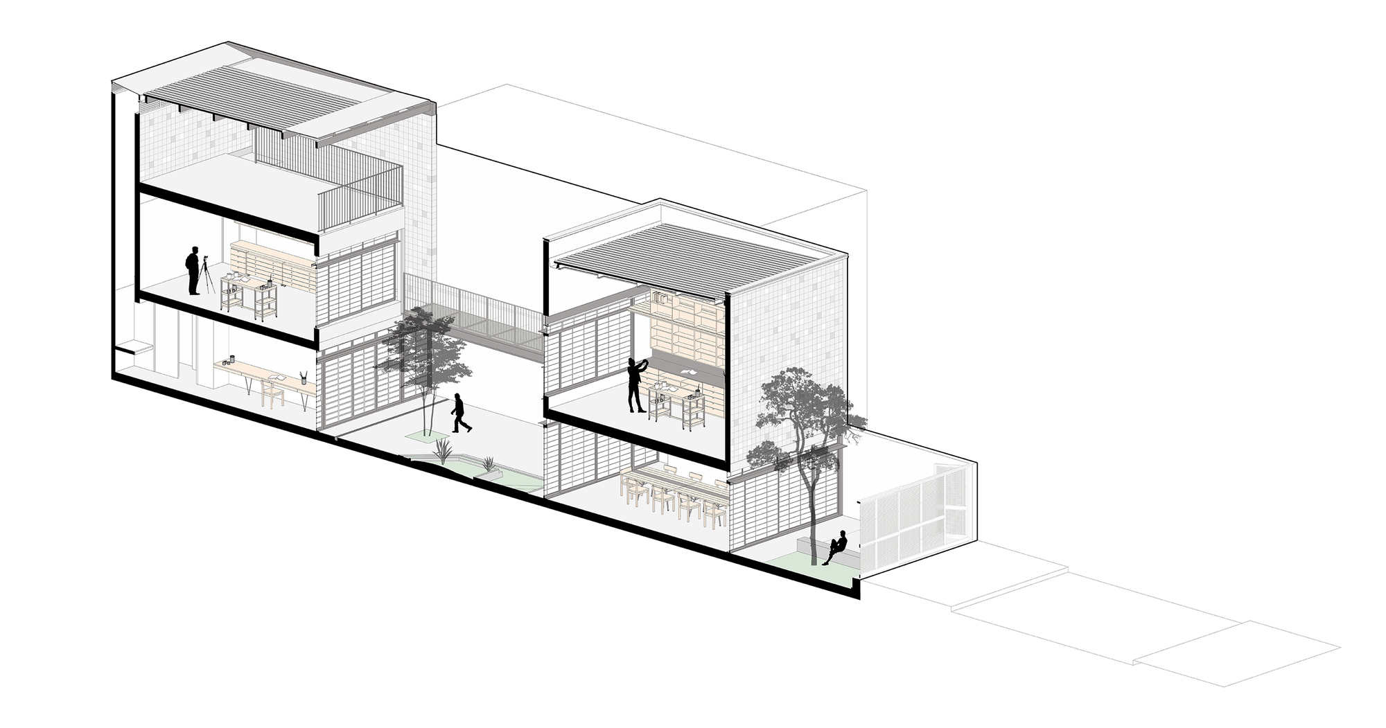 Axonometric section showing multi-level interior spaces with courtyard trees and human figures