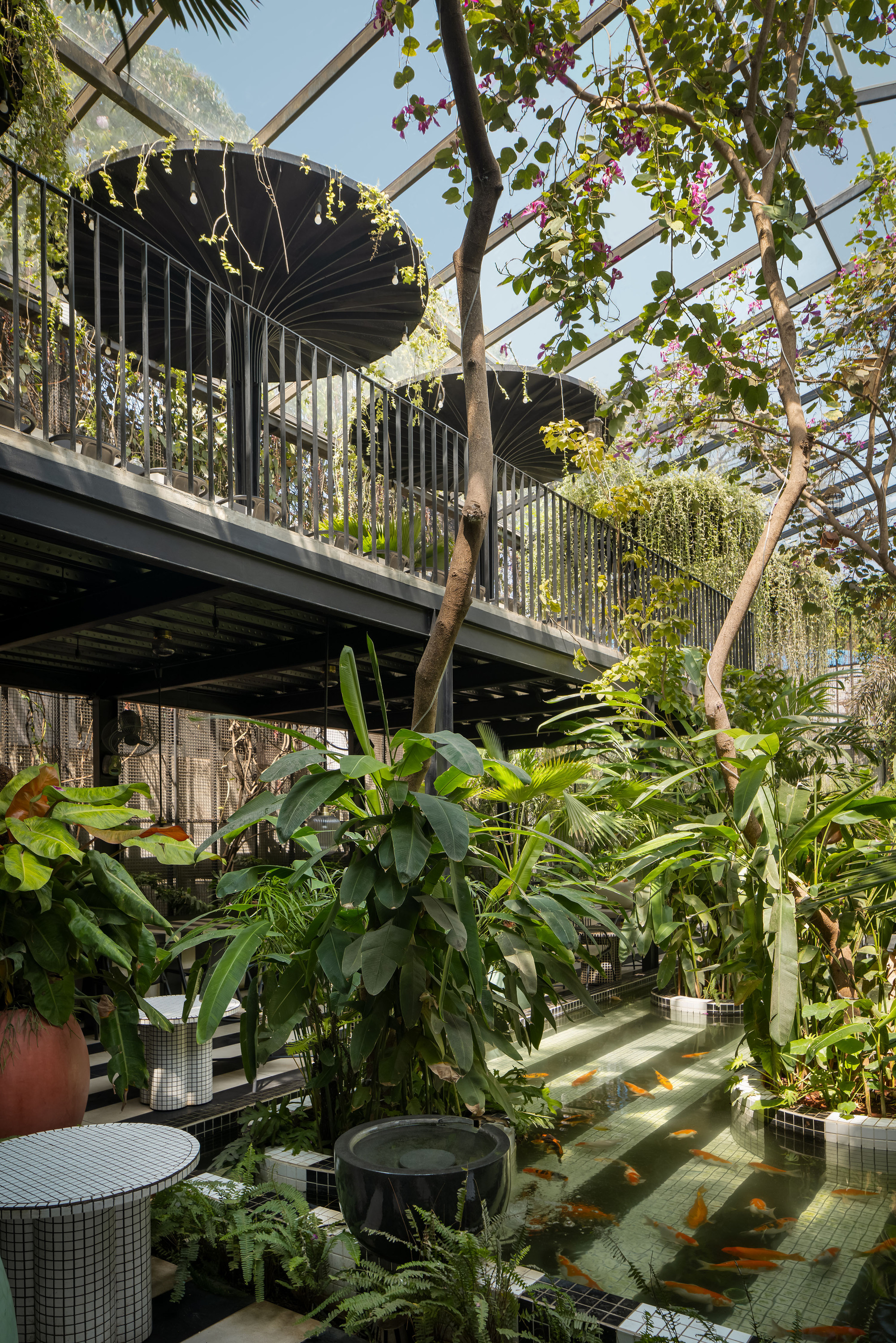 Upper level walkway with corrugated metal balustrades above a planted courtyard with tropical foliage