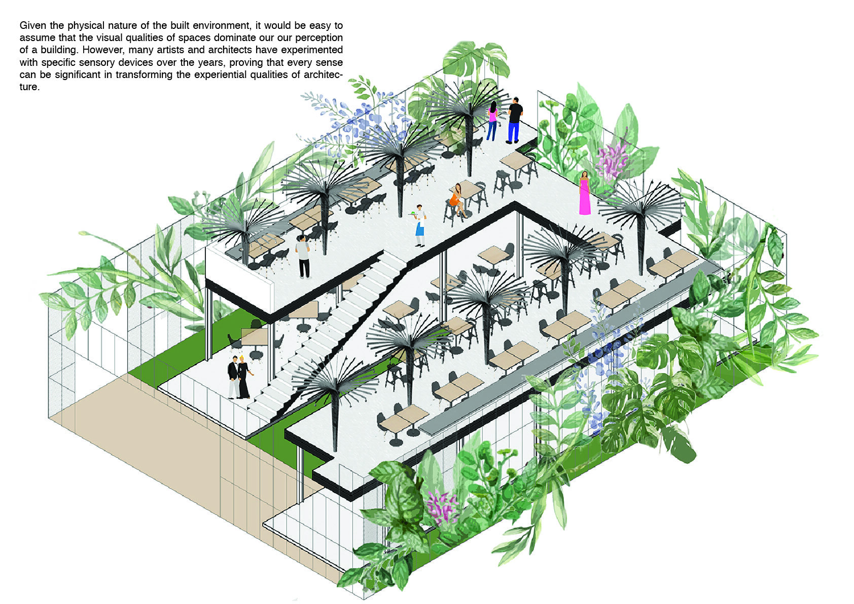 Axonometric drawing showing interior terraces with palms, human figures and spaces arranged around stepped floor plates