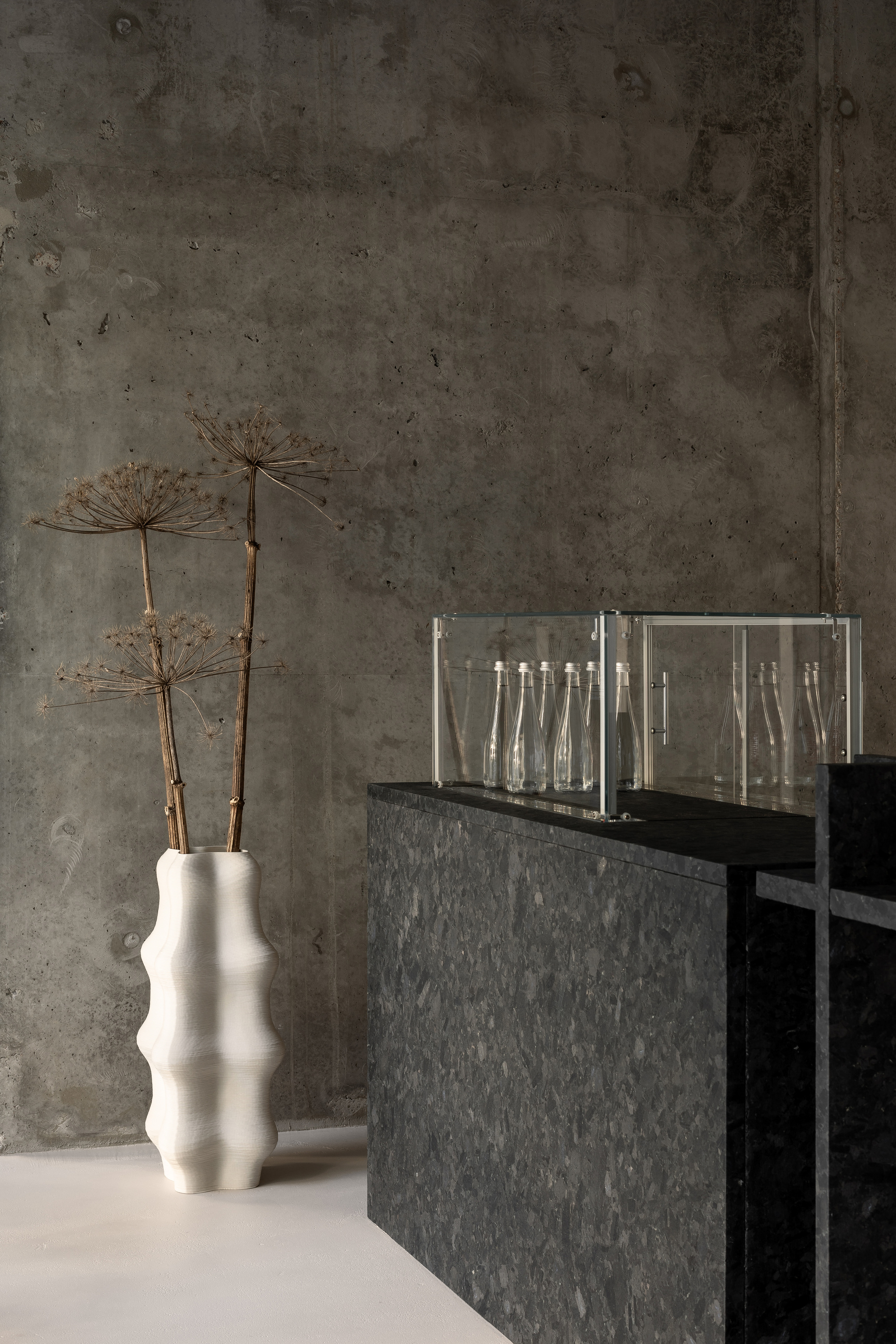 Black terrazzo counter with acrylic display cases beside white sculptural vase holding dried stems against concrete wall