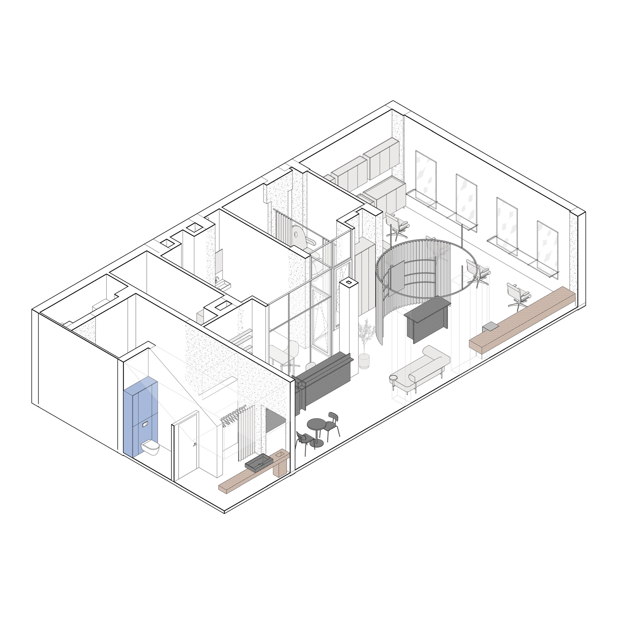 Axonometric drawing showing open retail layout with curved reception counter curtain dividers and furniture