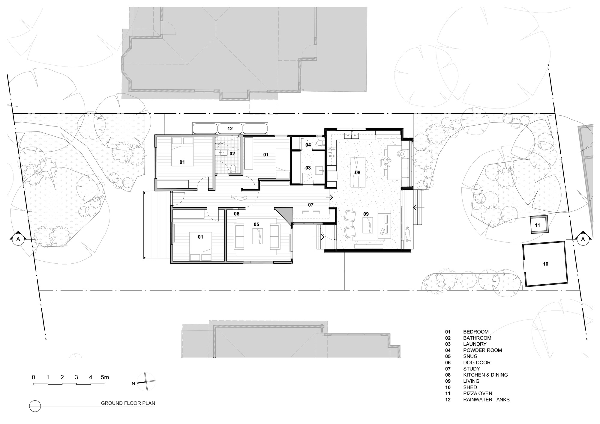 Ground floor plan drawing showing linear arrangement of rooms with surrounding garden and trees