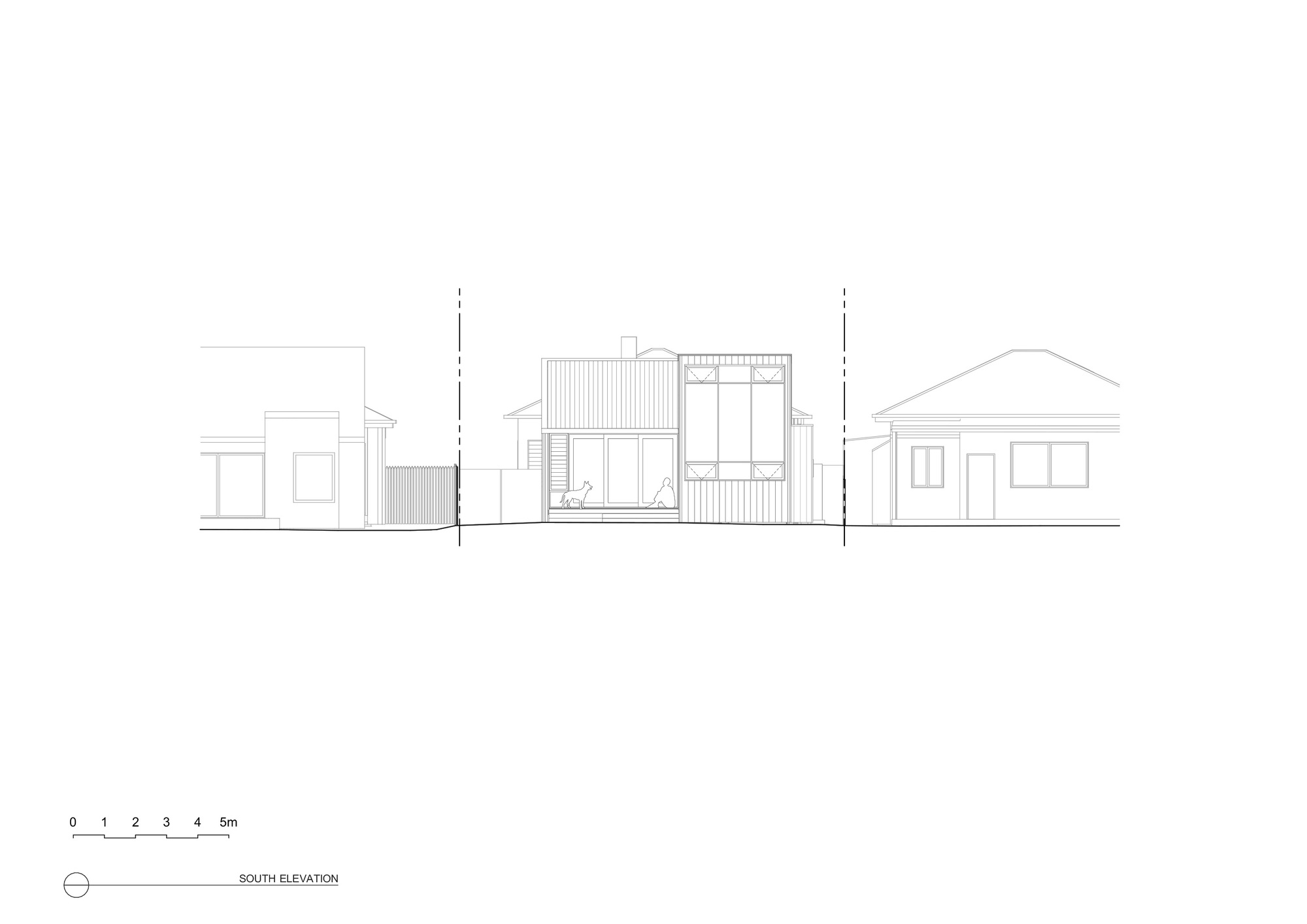 South elevation drawing showing central residence with corrugated cladding flanked by neighboring houses