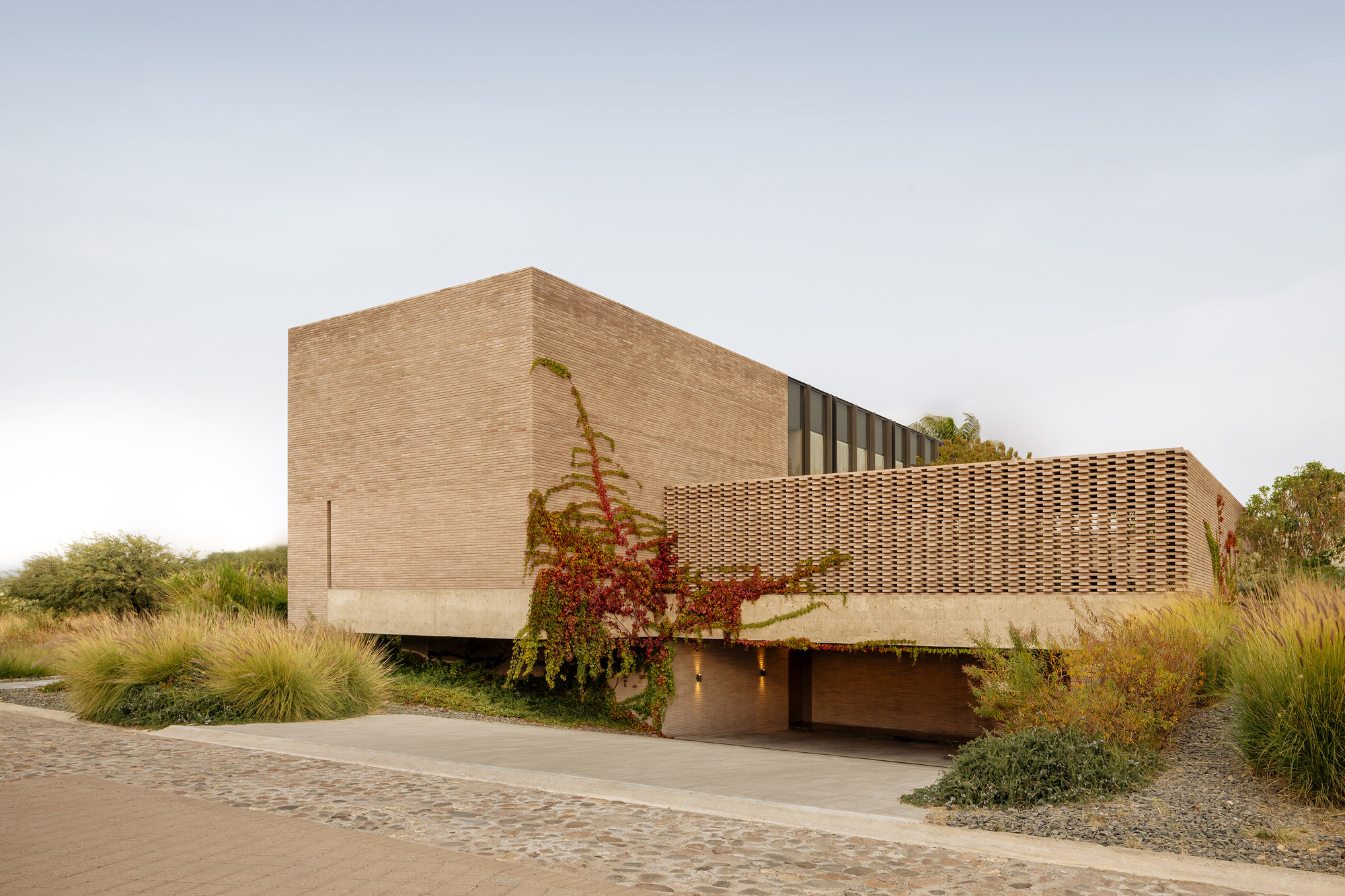 Street view of horizontally striped brick volume and timber slat screen with climbing vines and native grasses
