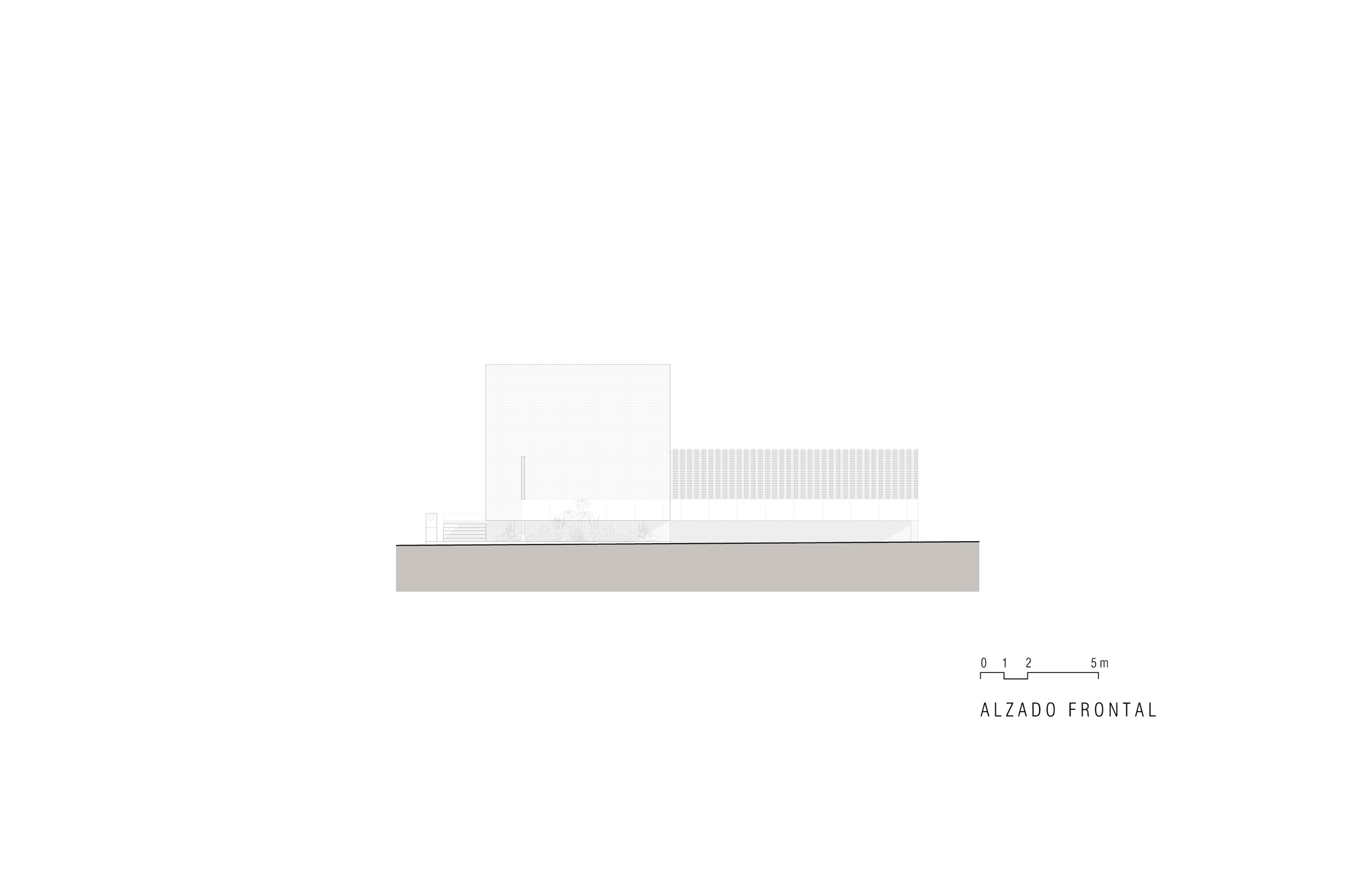 Front elevation drawing depicting a low horizontal composition with minimal fenestration and a vertical slatted element