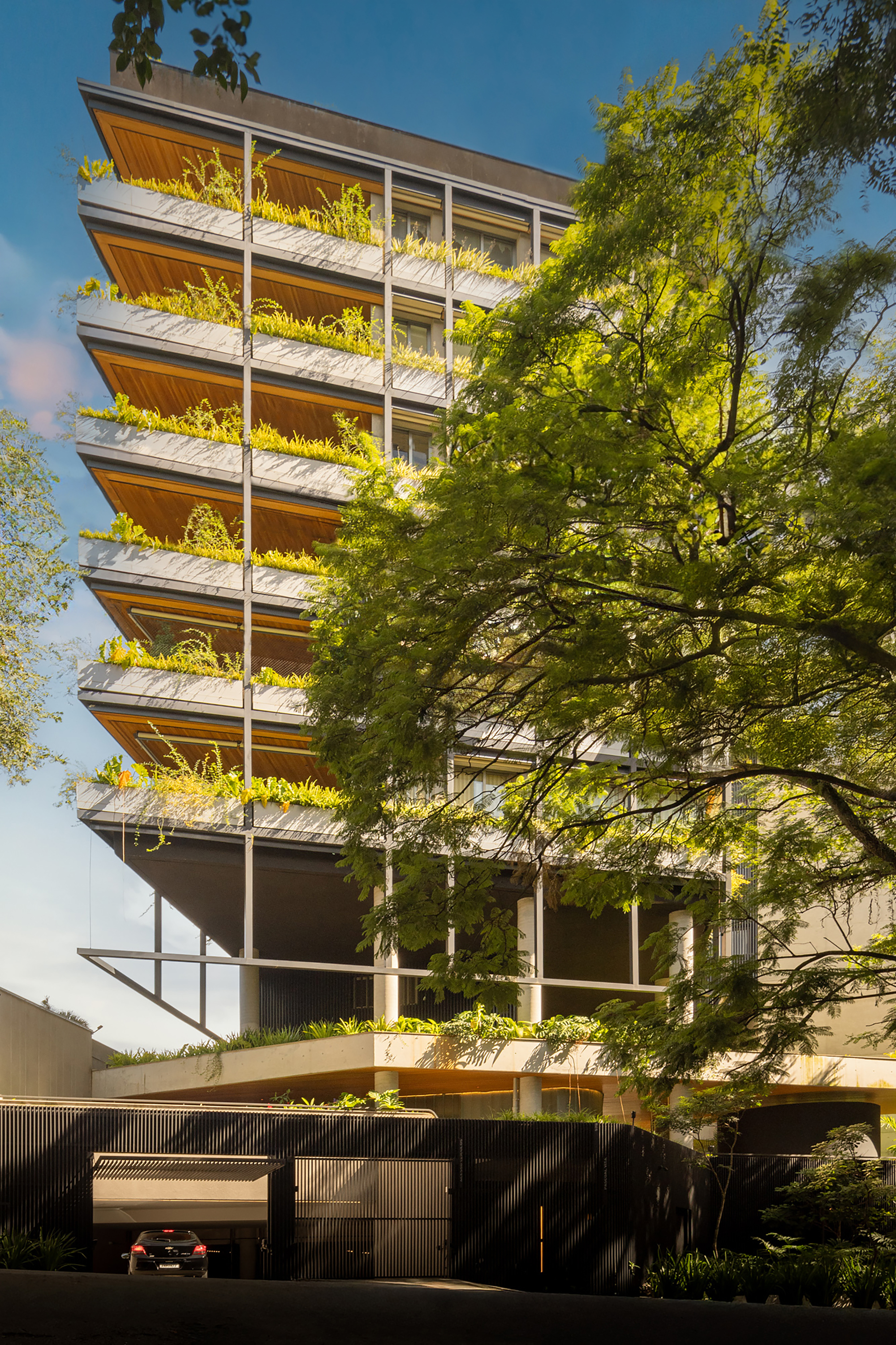 Street view of the stacked facade with planted terraces and a mature tree in afternoon light