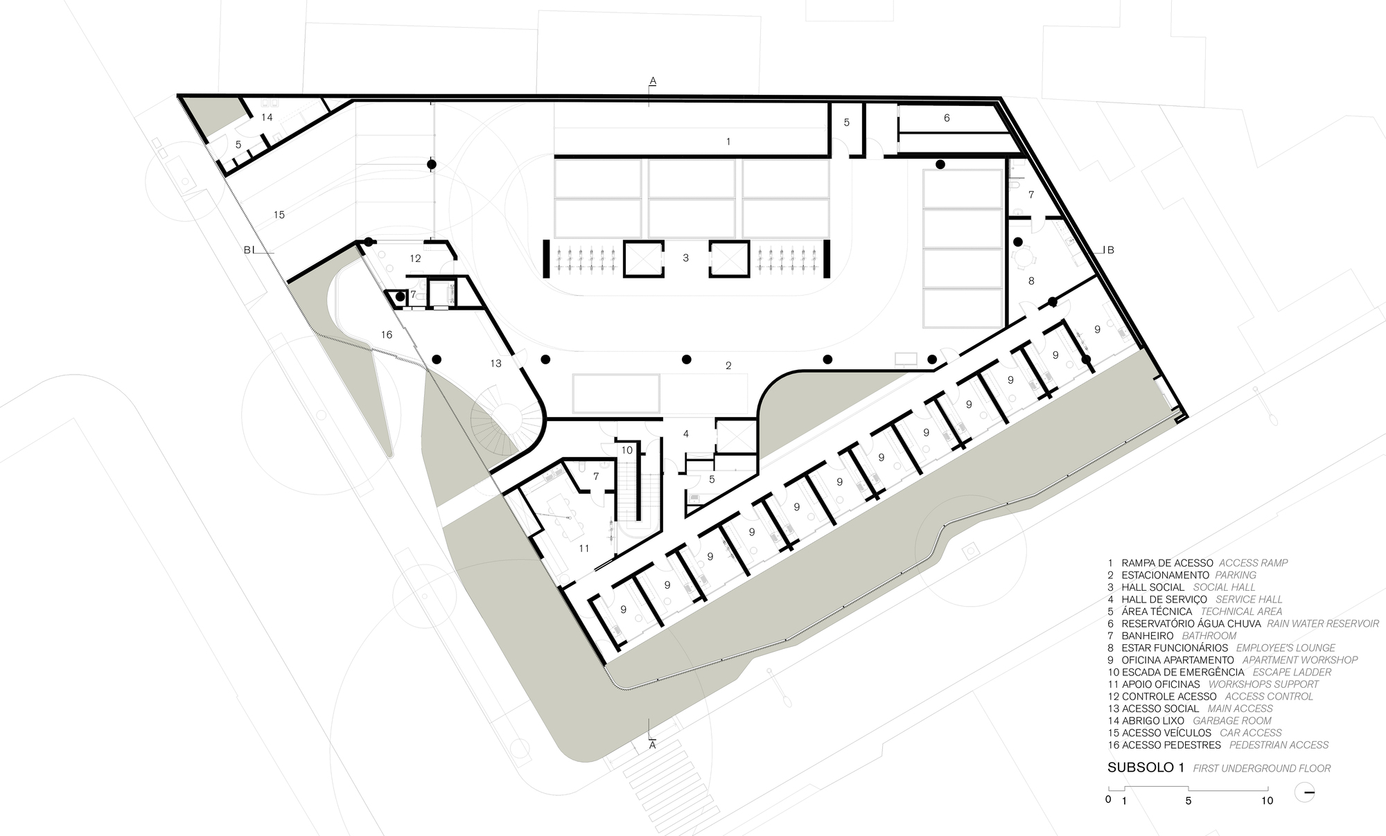 Floor plan drawing showing first underground level with parking, service areas, and angled building perimeter