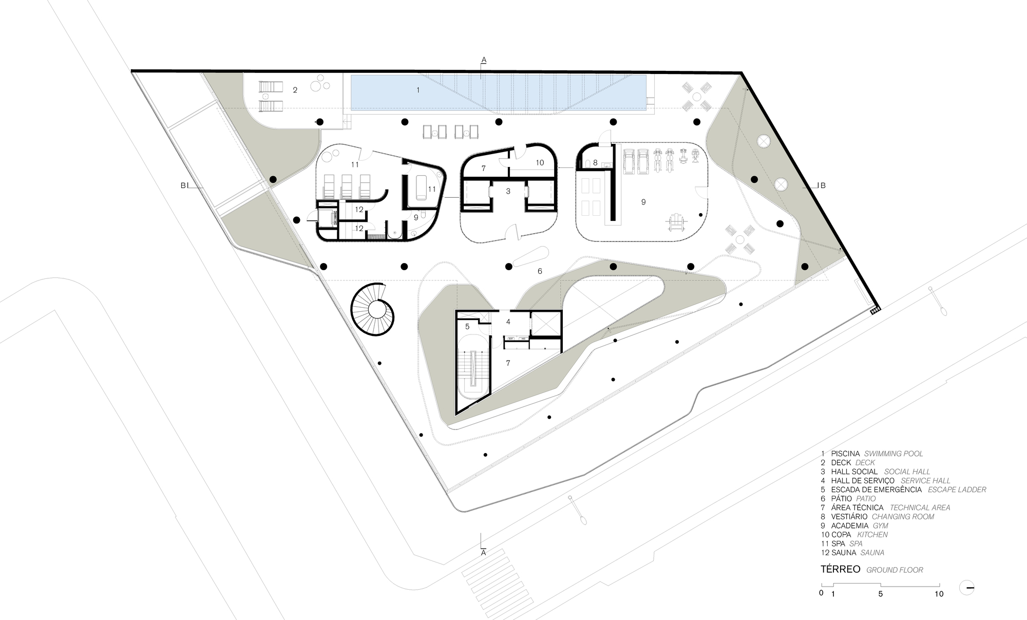 Ground floor plan drawing showing swimming pool, deck area, and curved pathways within the site