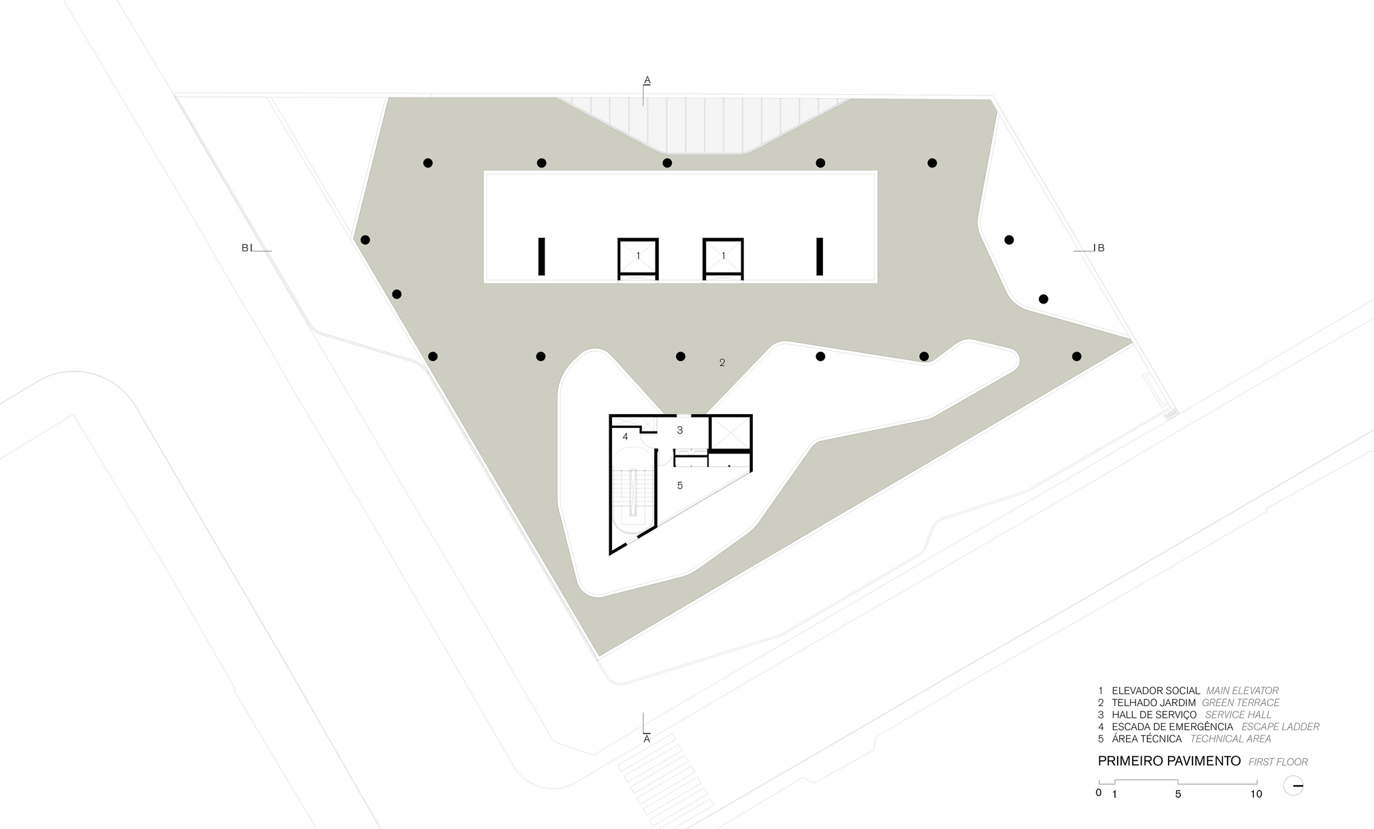 First floor plan drawing showing residential units arranged around central service core and elevator banks