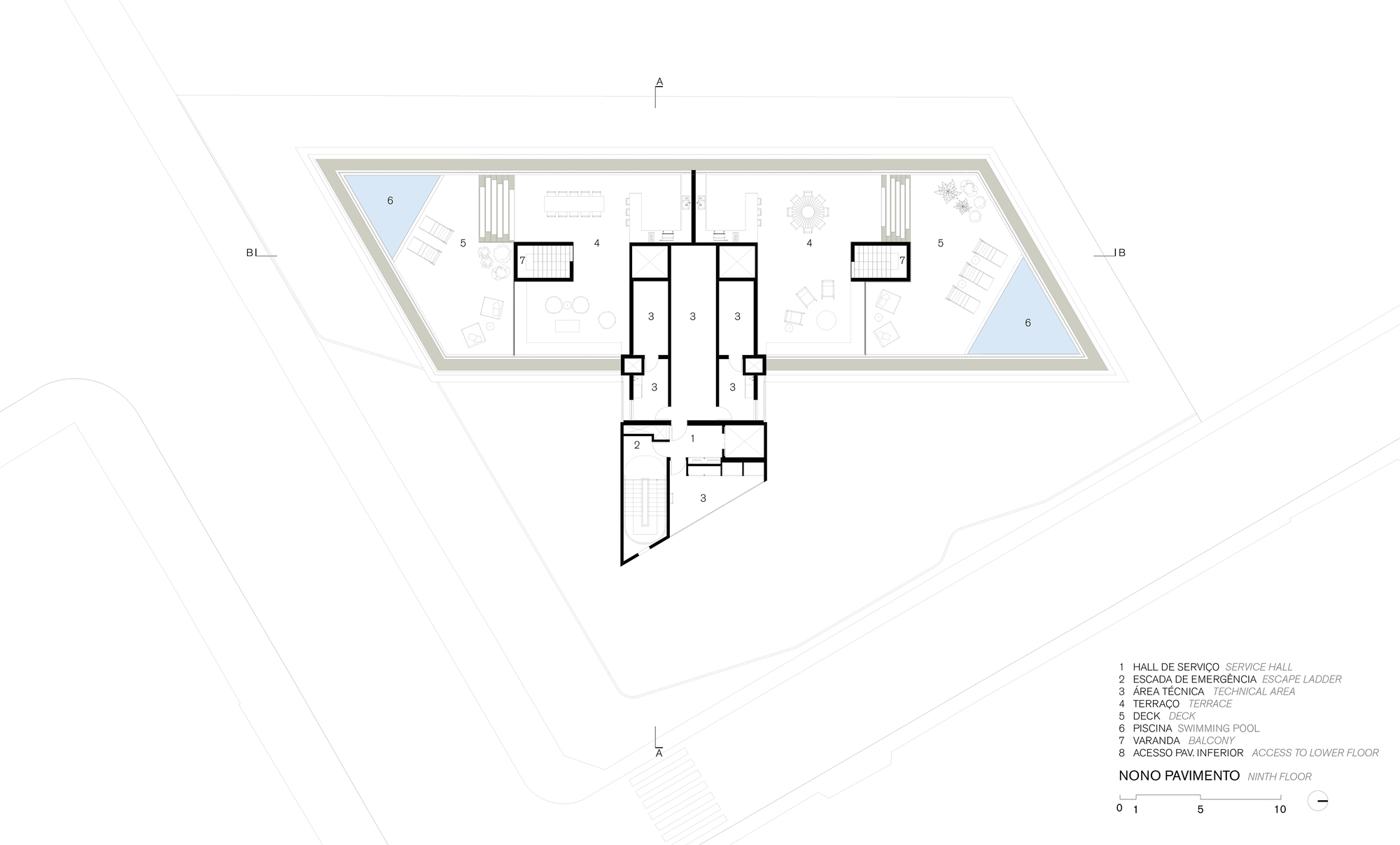 Floor plan drawing of ninth level showing open terrace areas with swimming pool at the corners