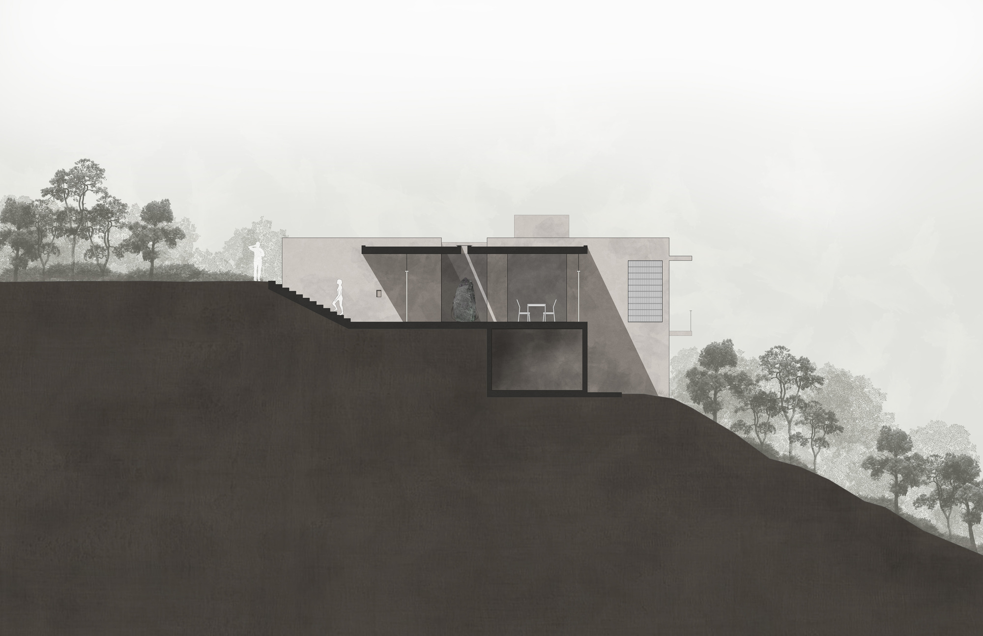 Section drawing revealing the structure embedded in a sloped hillside with surrounding vegetation