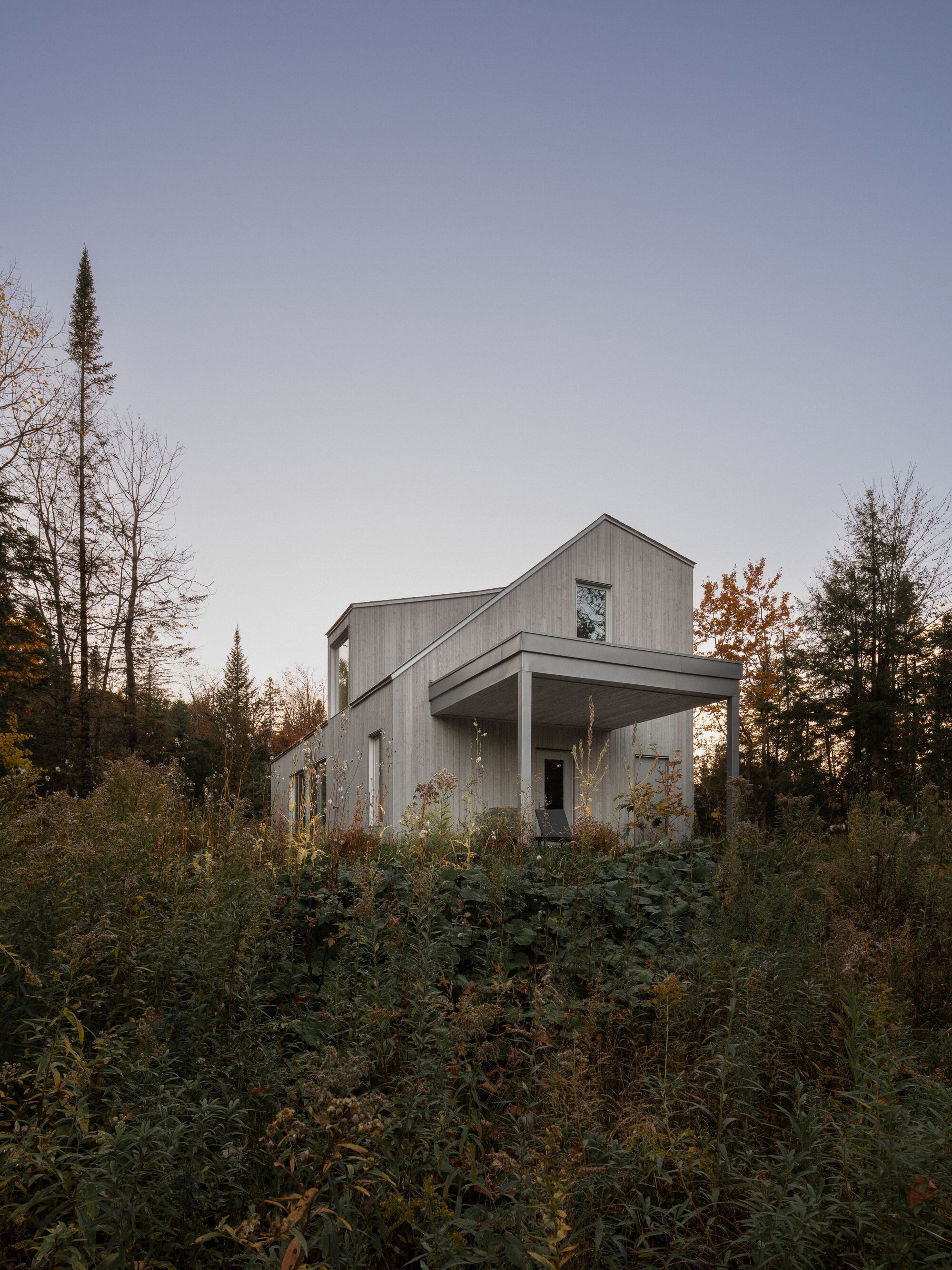 The projecting upper volume and recessed ground floor seen through tall grasses at dusk