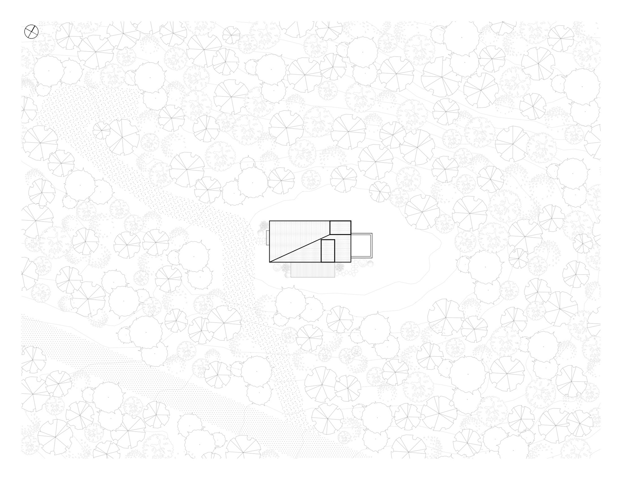 Site plan drawing with building footprint centered among stylized tree canopy circles