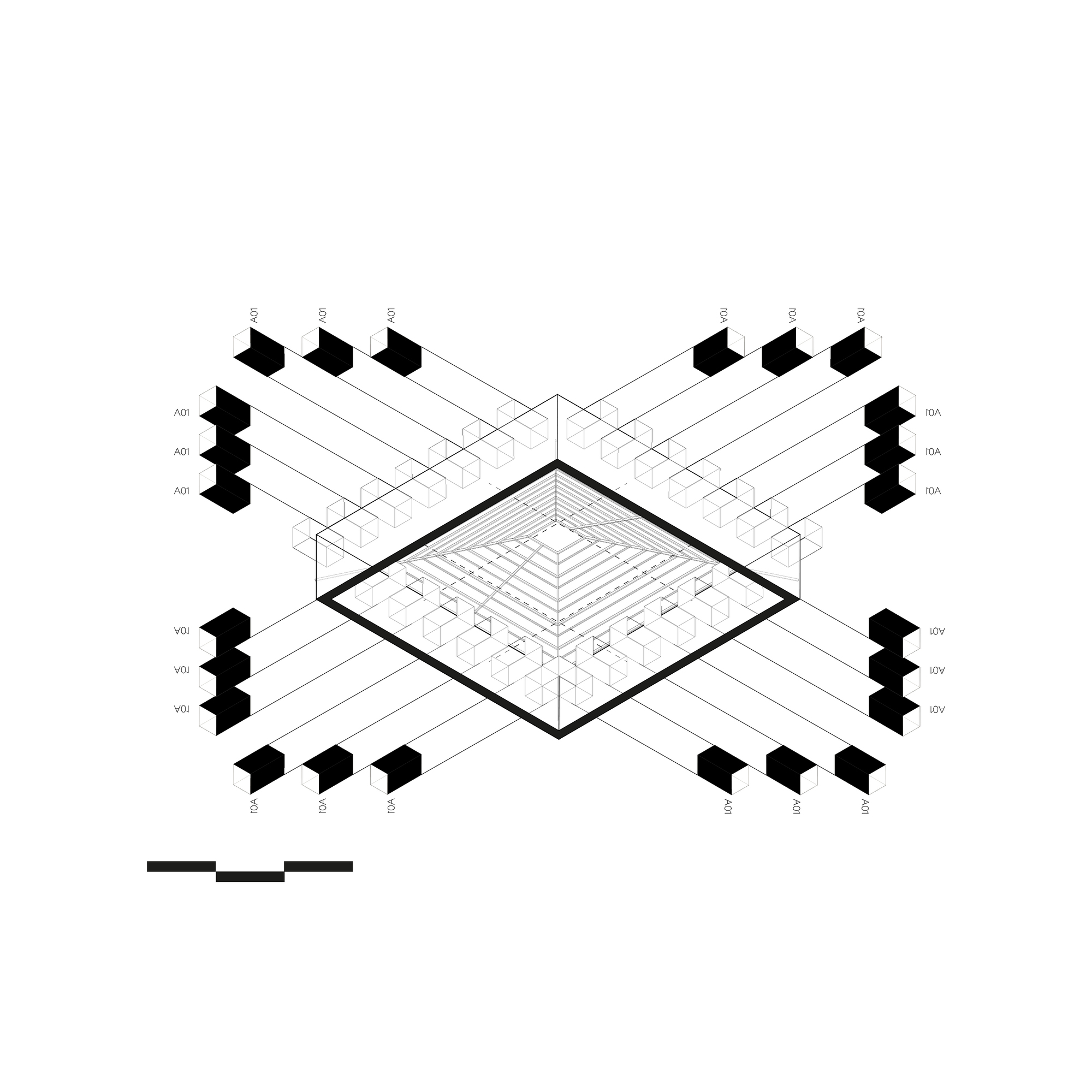 Axonometric drawing showing a central courtyard surrounded by extruded volumes with labeled circulation paths radiating outward