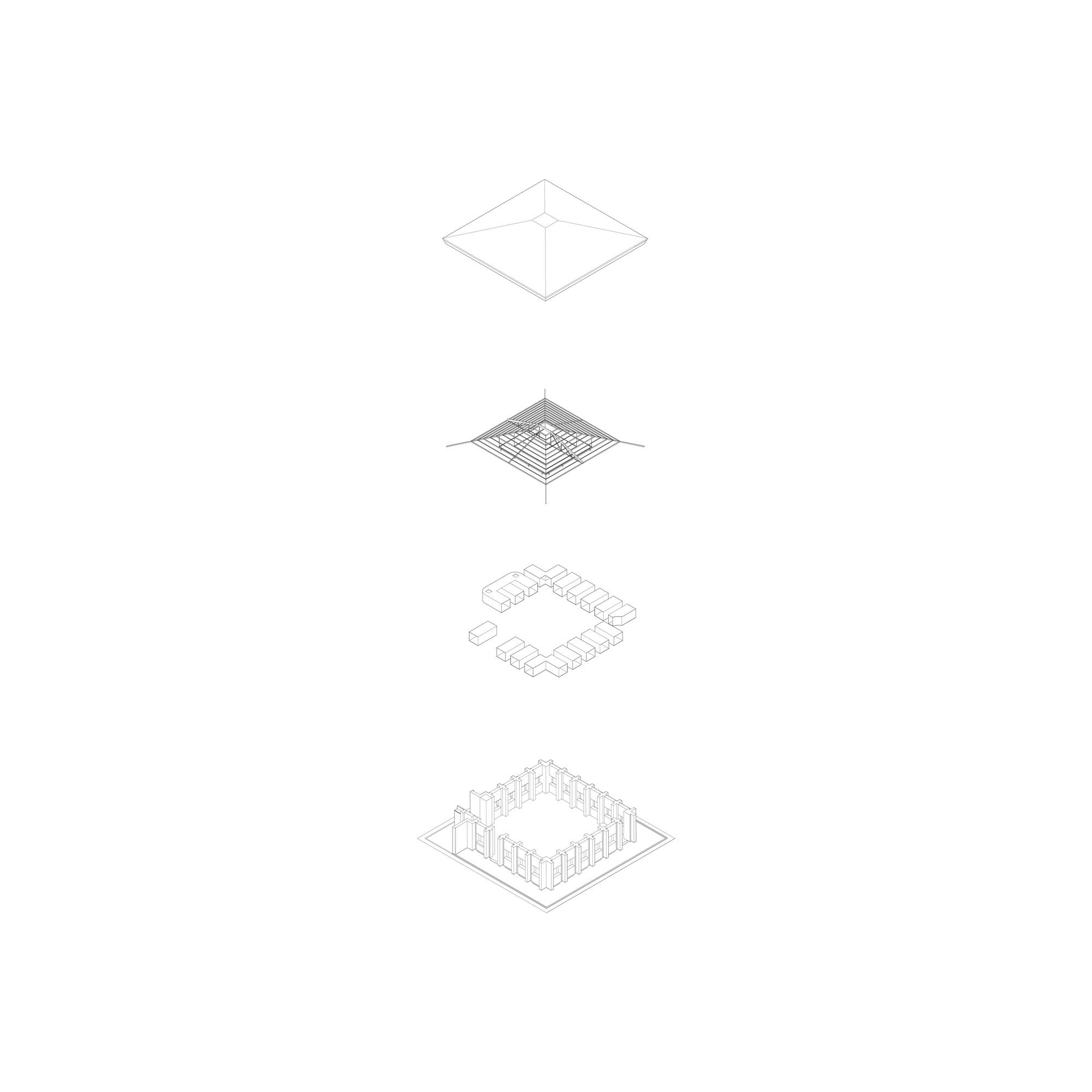 Axonometric drawing sequence showing the assembly of a pyramidal roof structure above a square colonnade