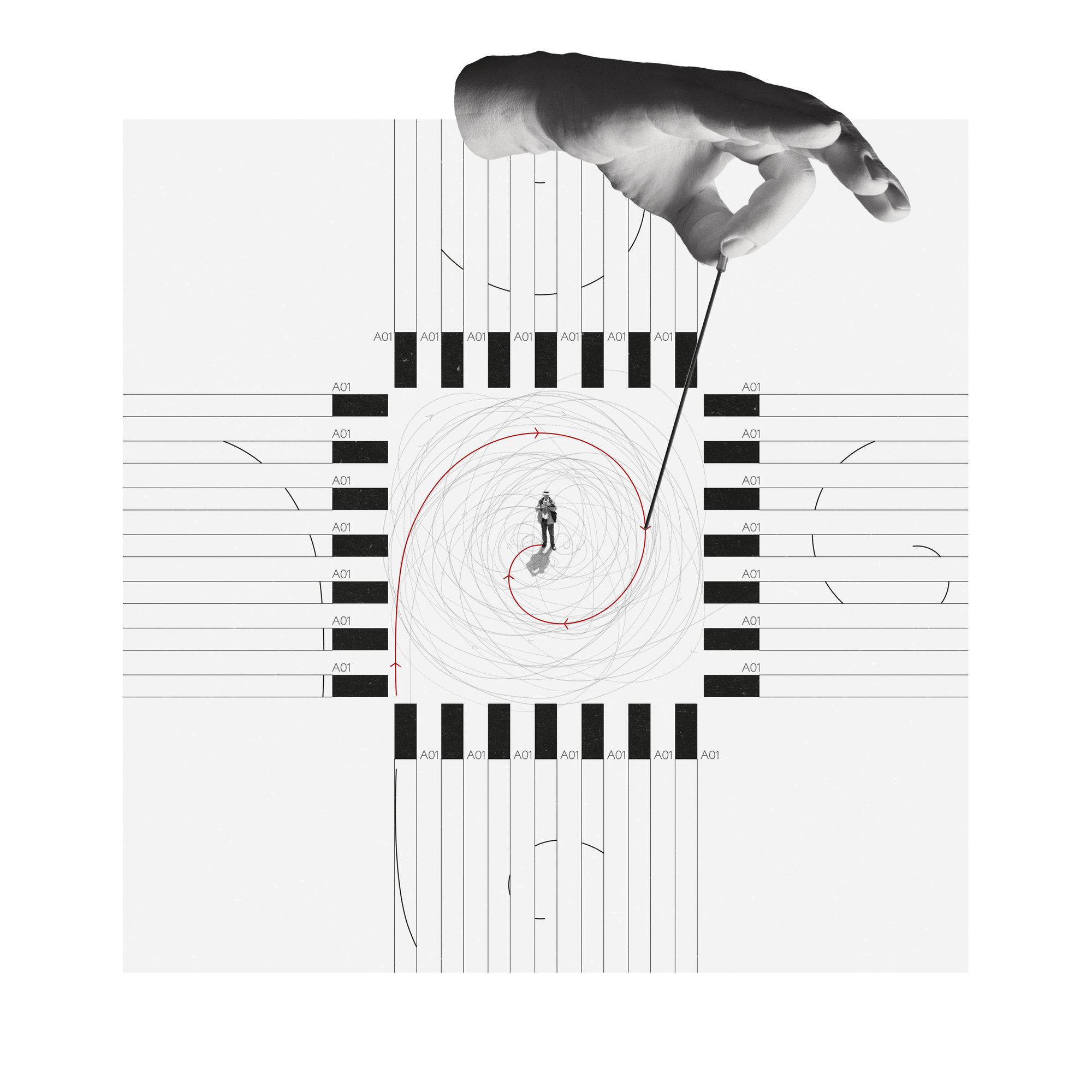 Diagrammatic plan drawing with a figure standing in a spiral central courtyard beneath a hovering hand