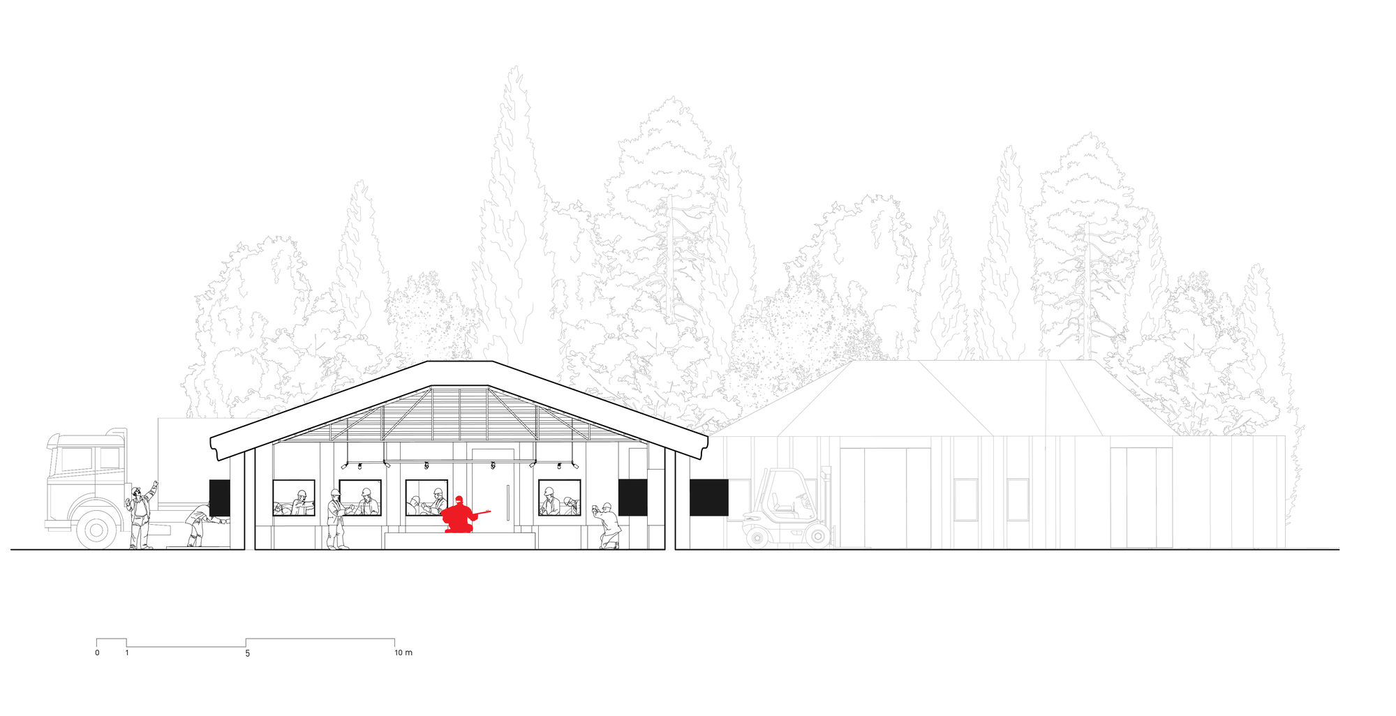 Elevation drawing of gabled warehouse structures with clerestory windows and figures beside trees