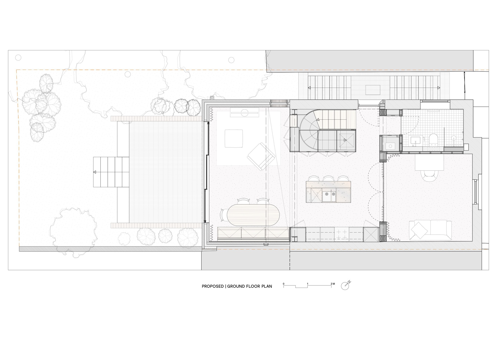 Ground floor plan drawing showing proposed open-plan layout with kitchen, dining area and outdoor terrace