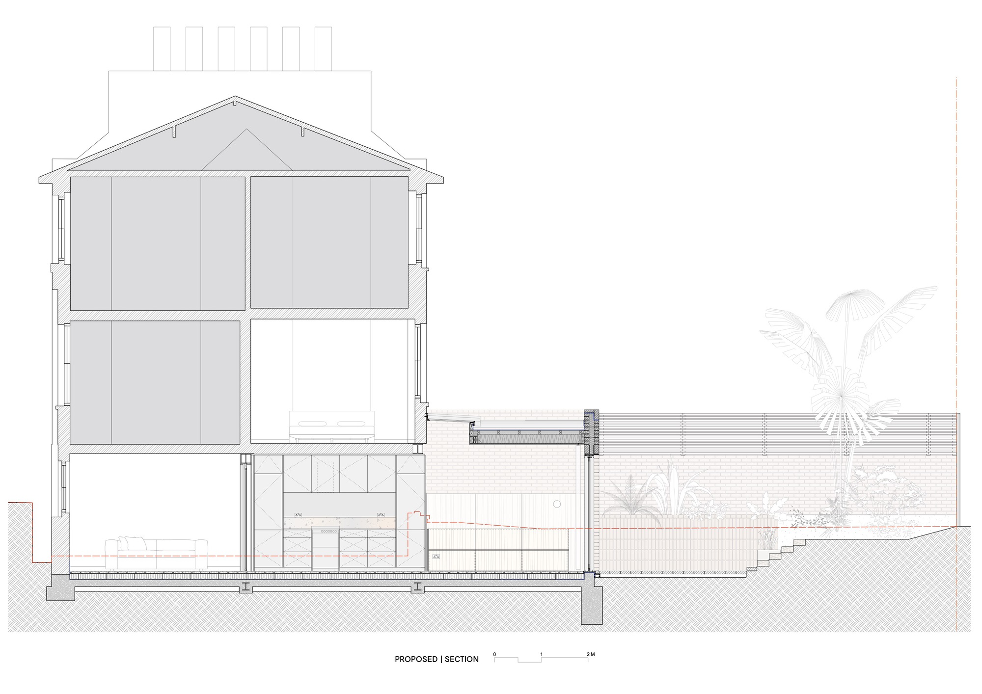 Section drawing showing a three-storey gabled house connected to a lower single-storey volume with planted landscaping