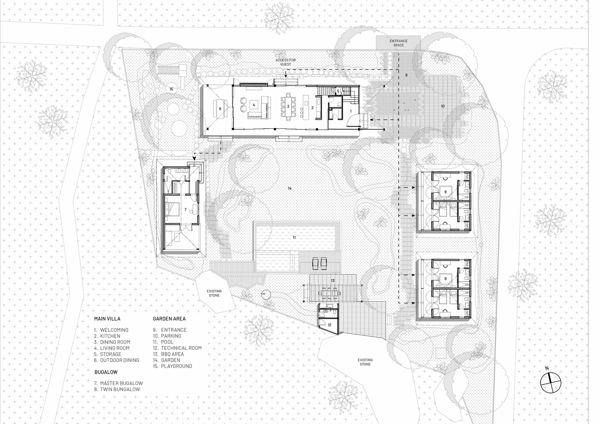 Site plan drawing showing the main villa and three bungalows arranged around a central pool and garden