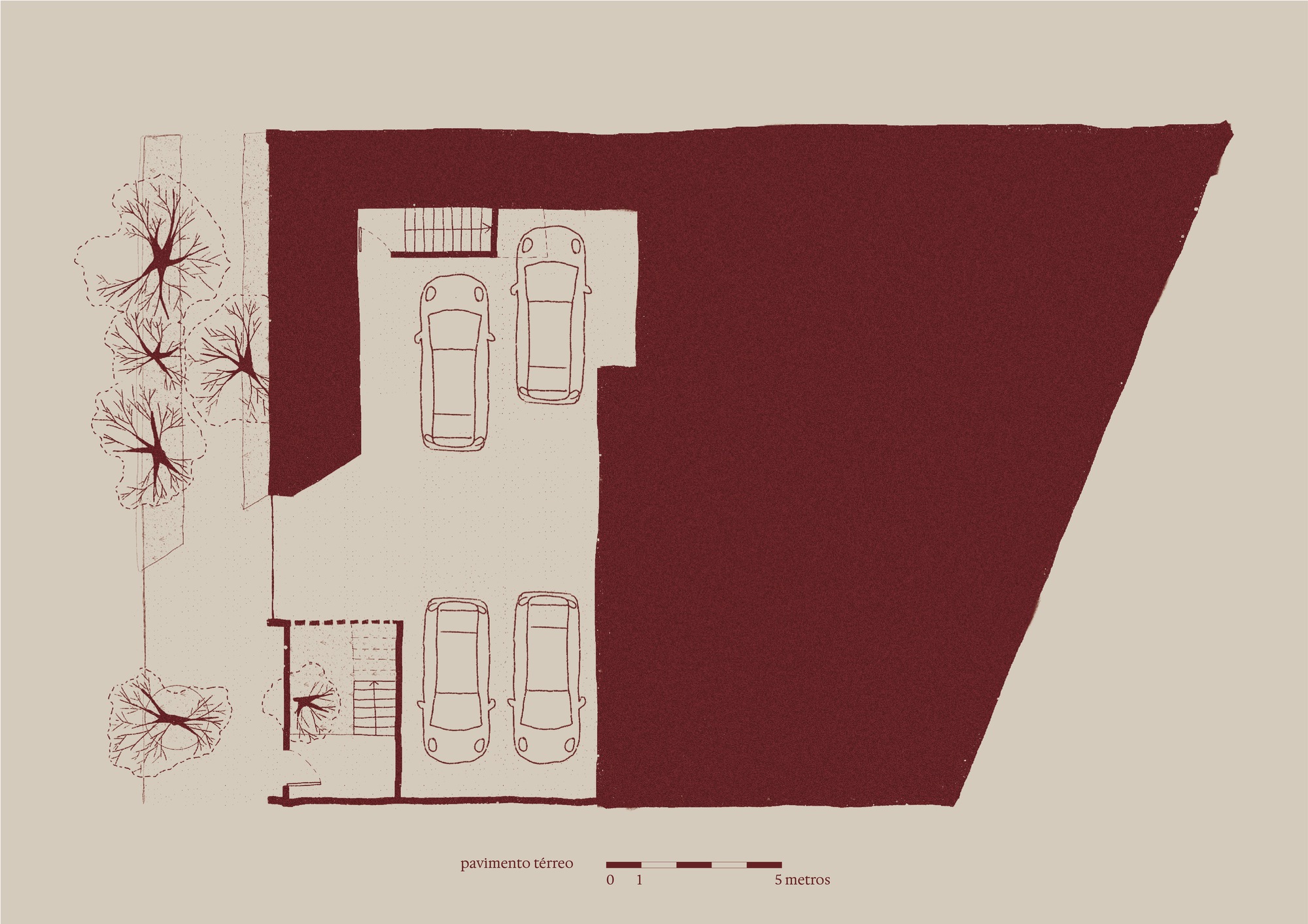 Ground floor plan drawing showing two-bay parking garage with stairs and surrounding tree canopies