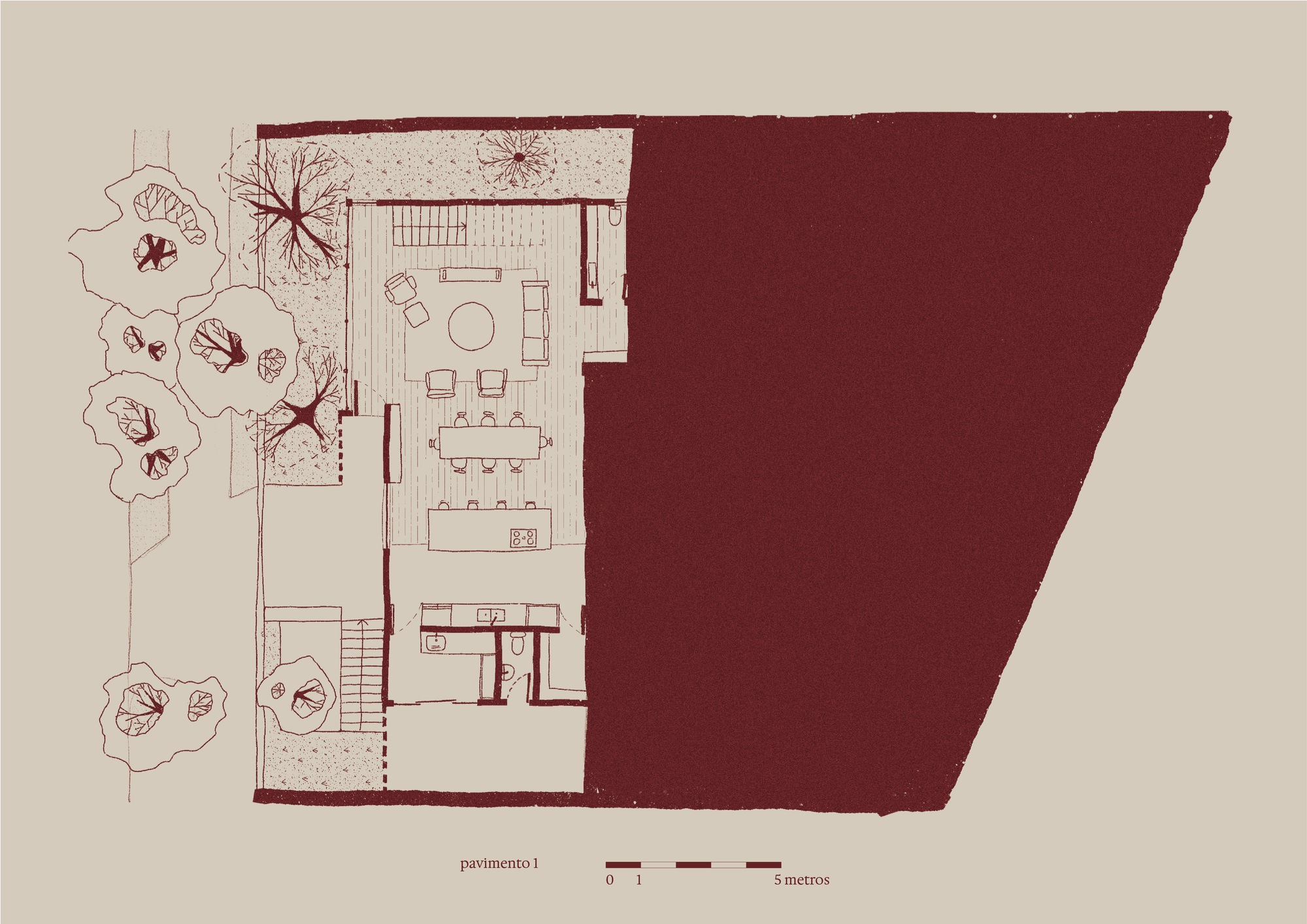 First floor plan drawing showing open living and dining areas with adjacent landscaped terraces