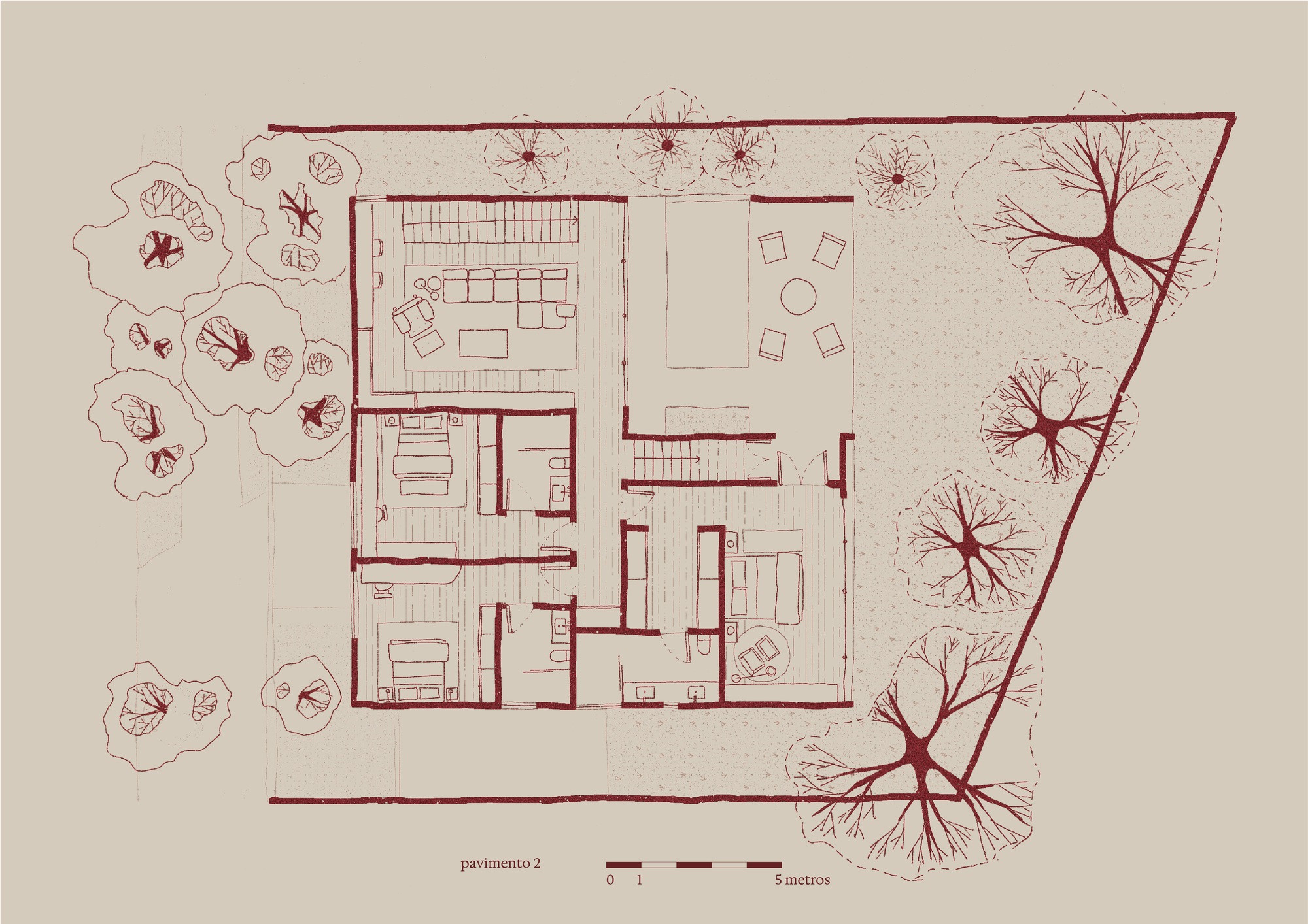 Second floor plan drawing showing bedrooms and roof terrace surrounded by tree canopies