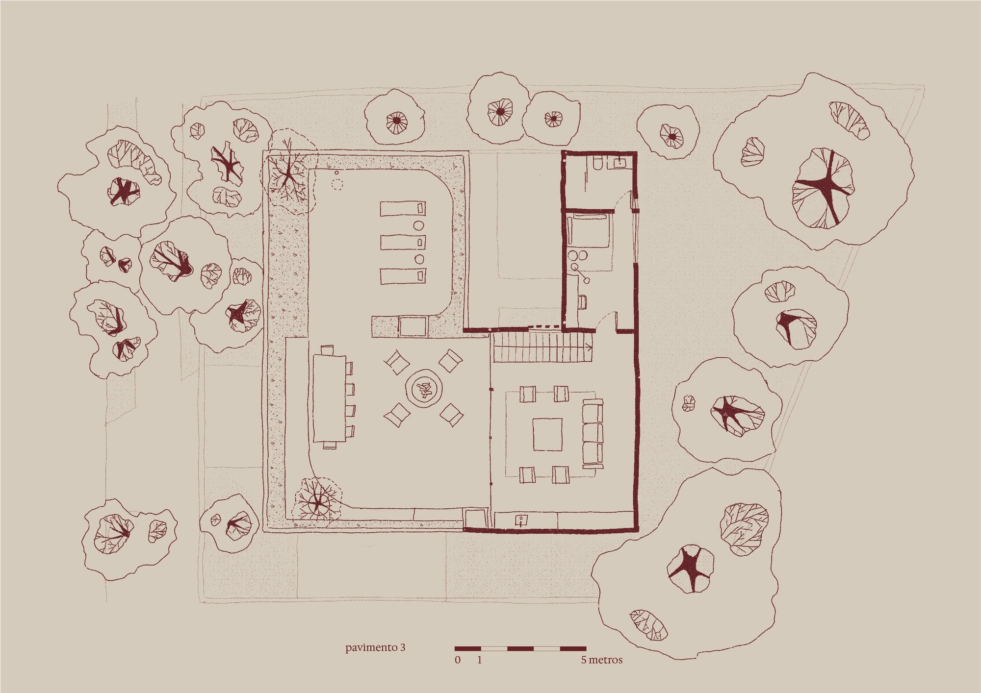 Third floor plan drawing showing covered terrace and pool deck framed by mature trees