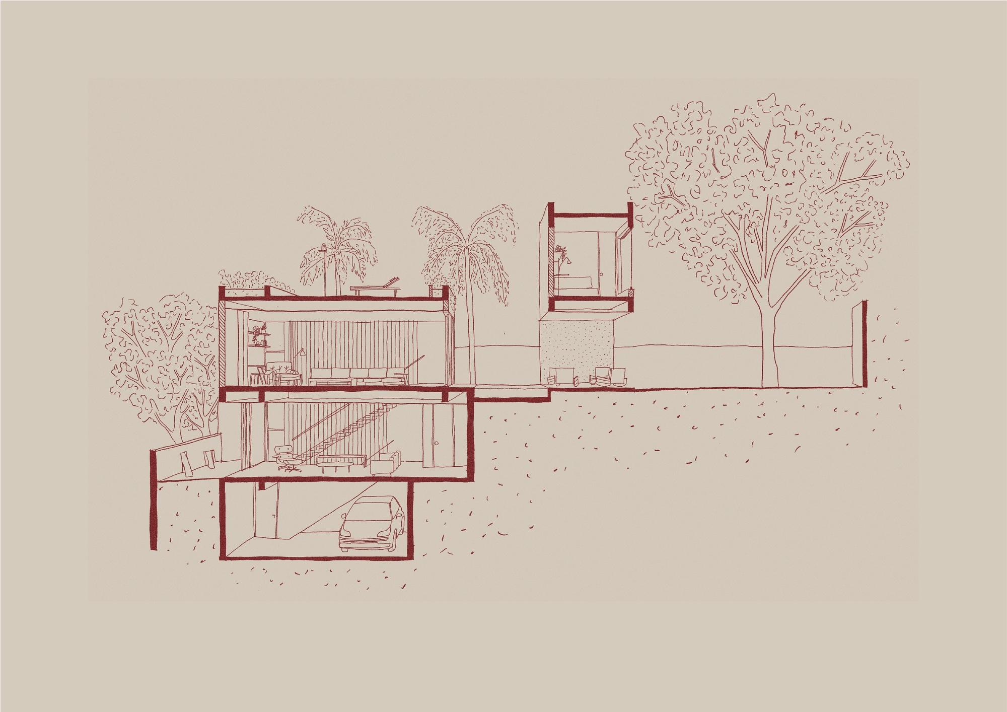 Section drawing showing stacked floors with garage below and tree canopies at grade