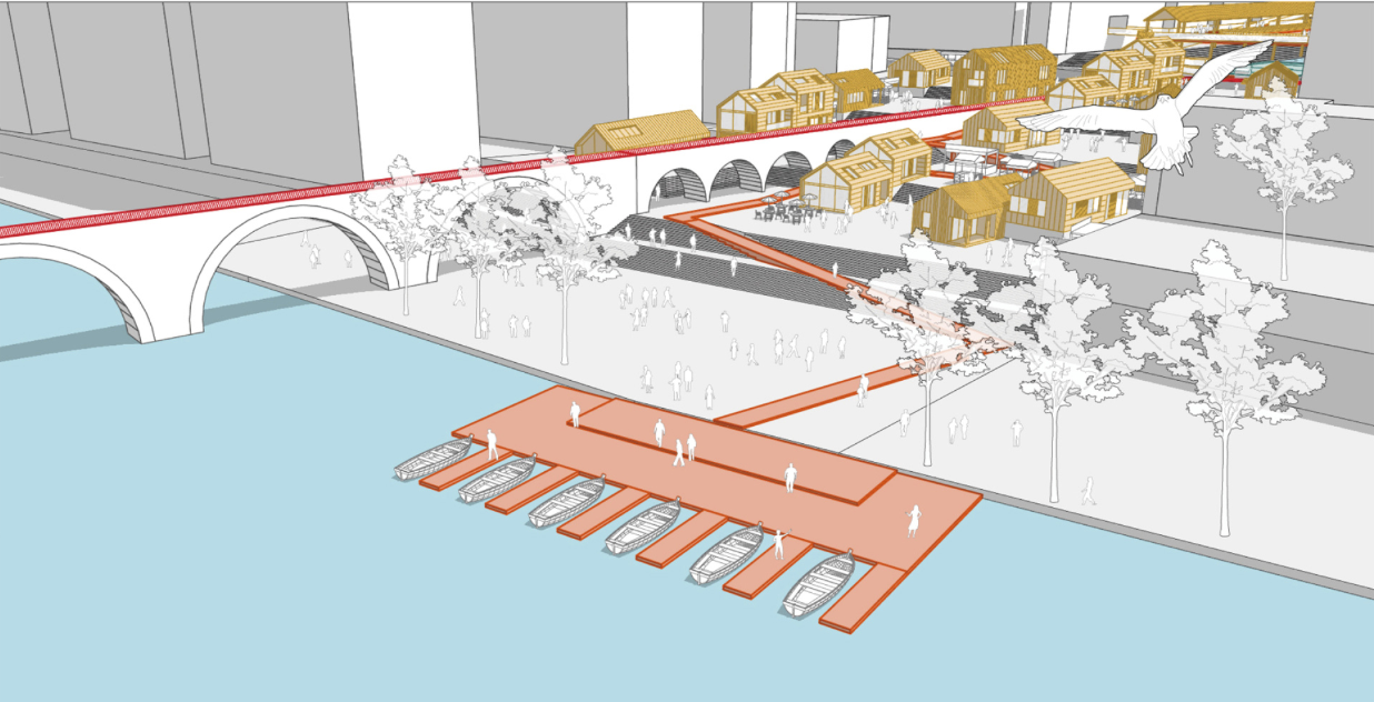 Waterfront activation with ferry node connecting urban life to regional mobility networks