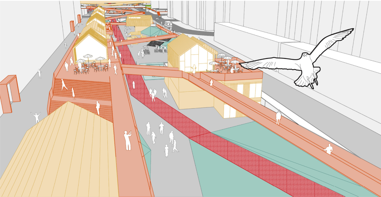 Elevated pedestrian and cycling pathways activating mixed-use public spaces