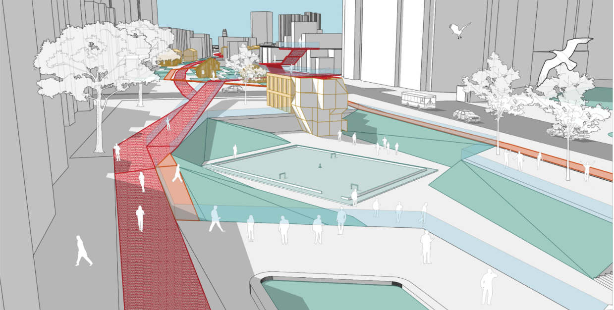 Recreational landscape integrating sports, water features, and social gathering zones