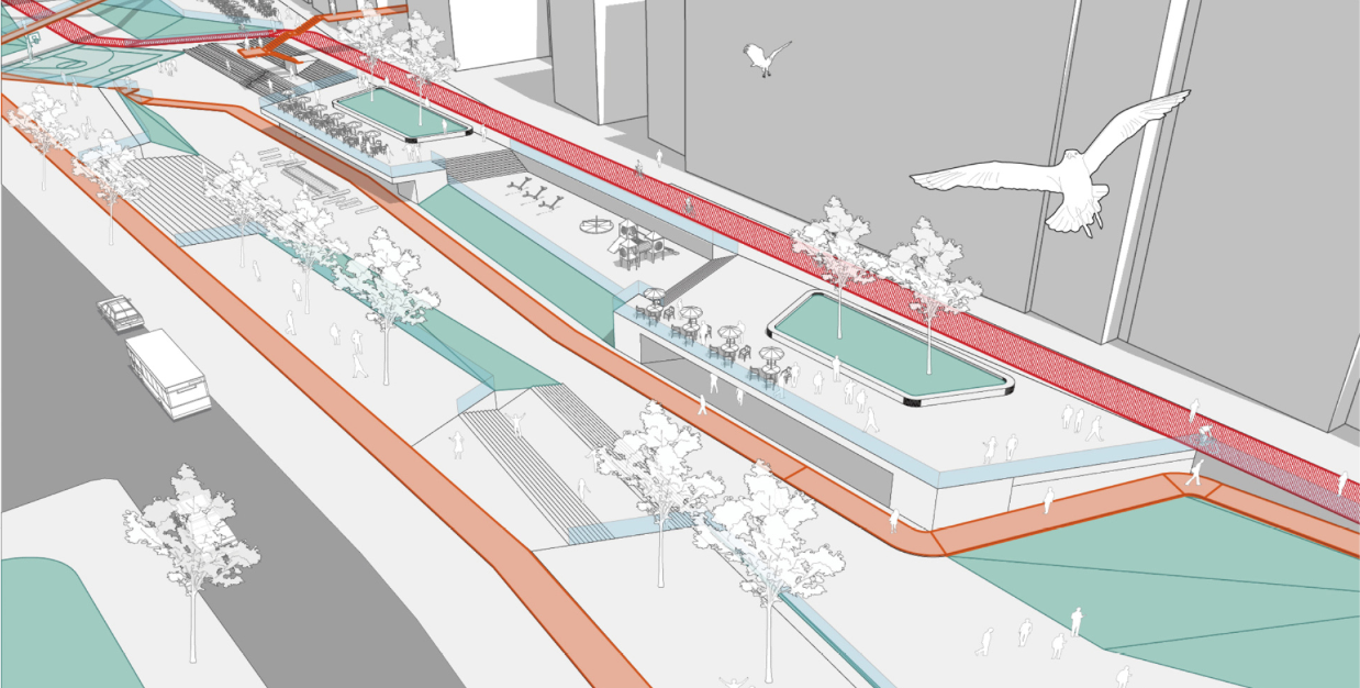 Multi-level public realm combining mobility, leisure, and commercial activity along the reused railway