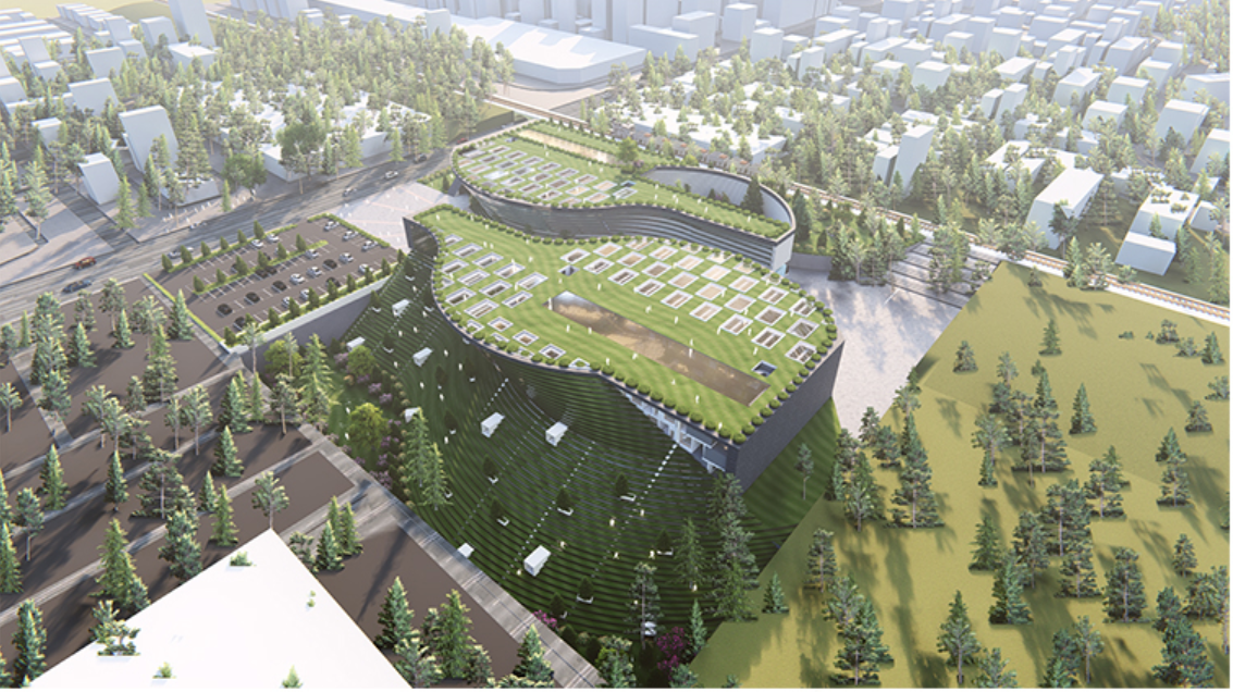 Organic massing integrates architecture with its surroundings, creating a campus that grows from the site.
