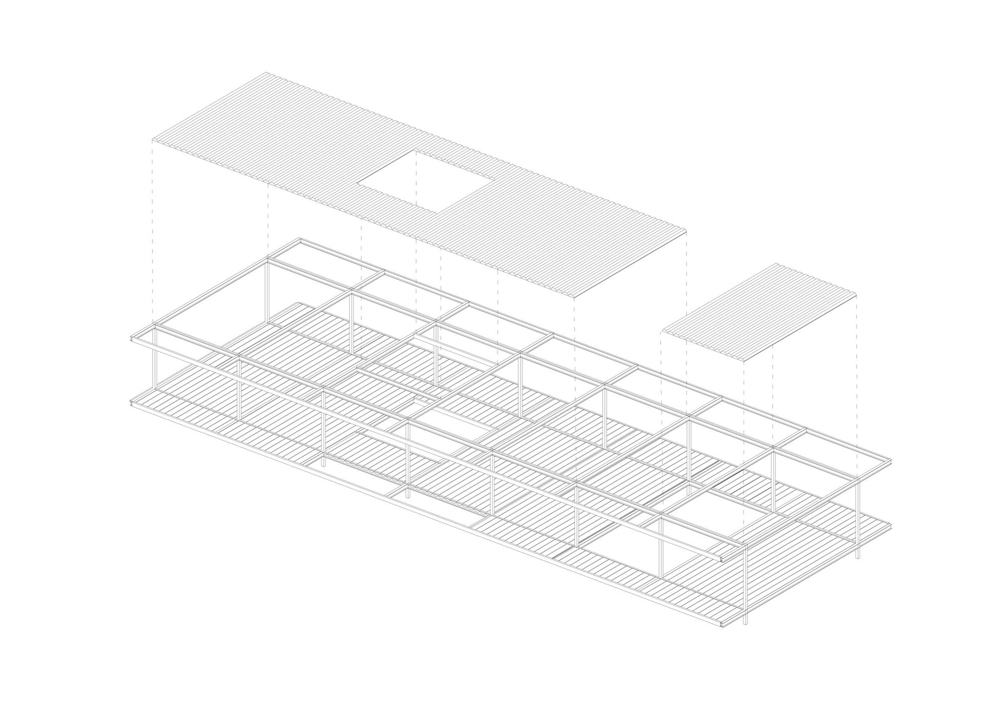 Exploded axonometric drawing showing timber roof structure, framing, and decking layers separated from two volumes