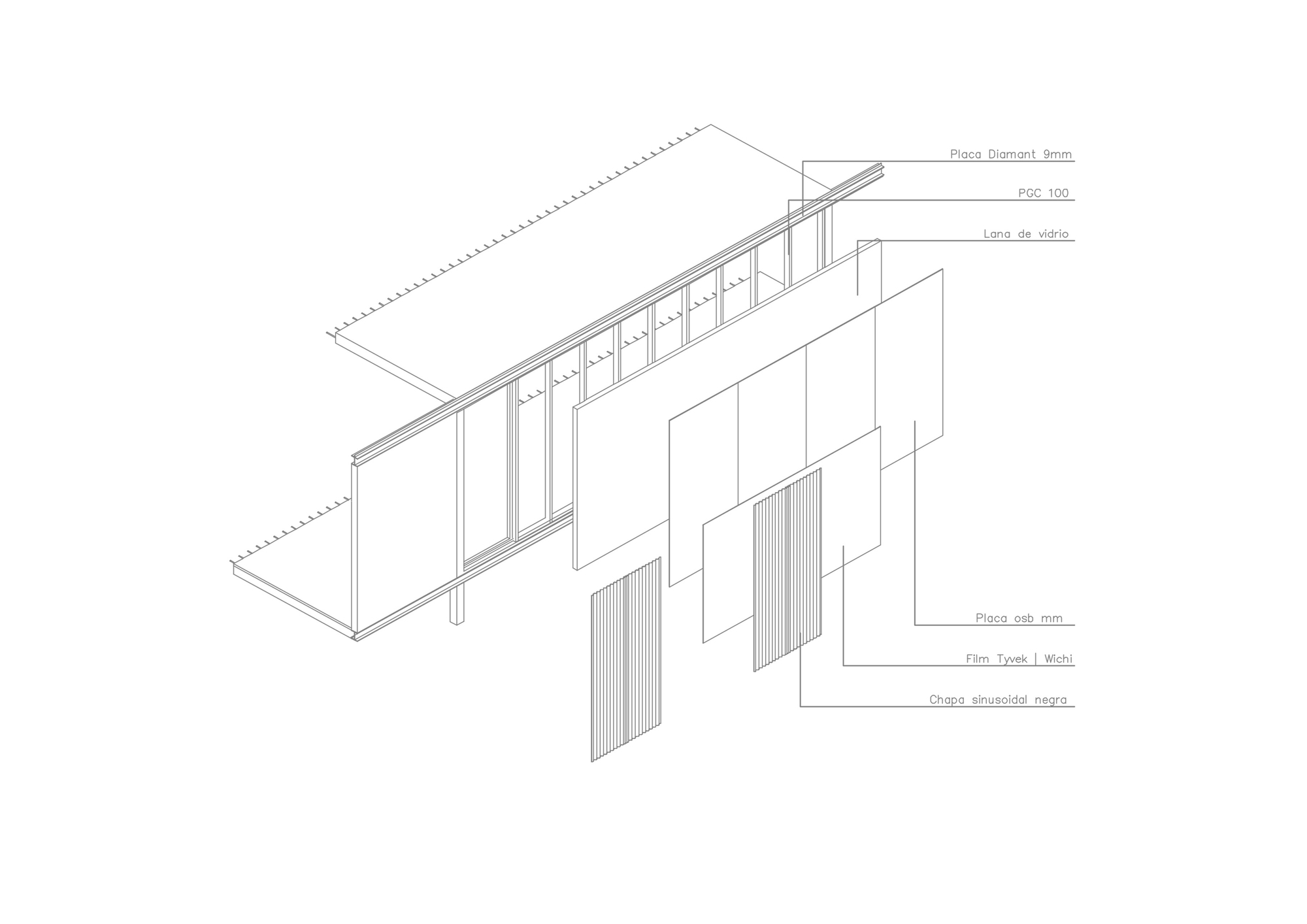 Isometric detail drawing of wall assembly with labeled cladding panels and structural frame components