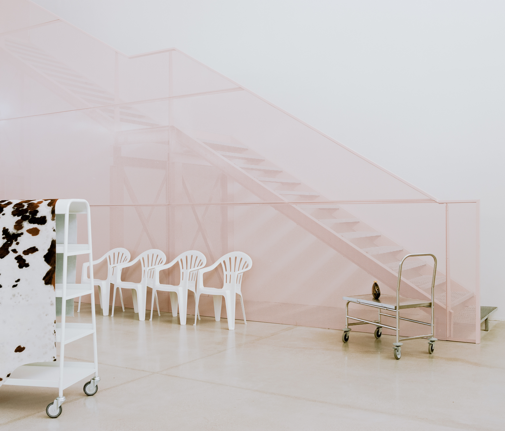 Pink translucent enclosure with visible staircase and white plastic chairs beside a cowhide-covered rolling cart