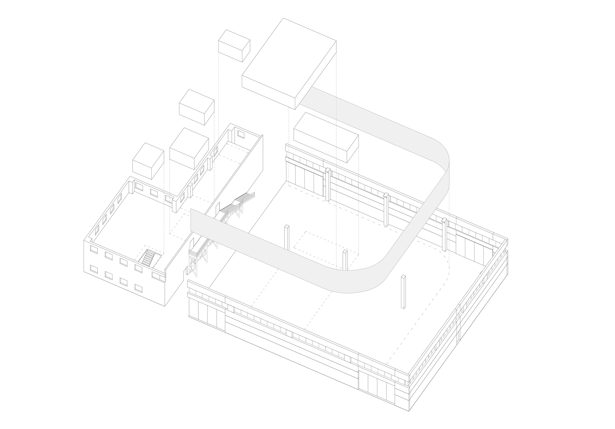 Axonometric drawing showing interconnected volumes with curved central space and surrounding rectilinear blocks