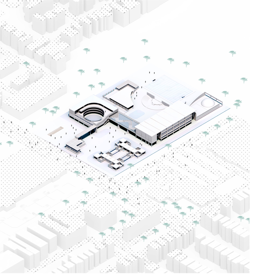 Axonometric site view showcasing the interconnected spatial organization of the modern educational campus.