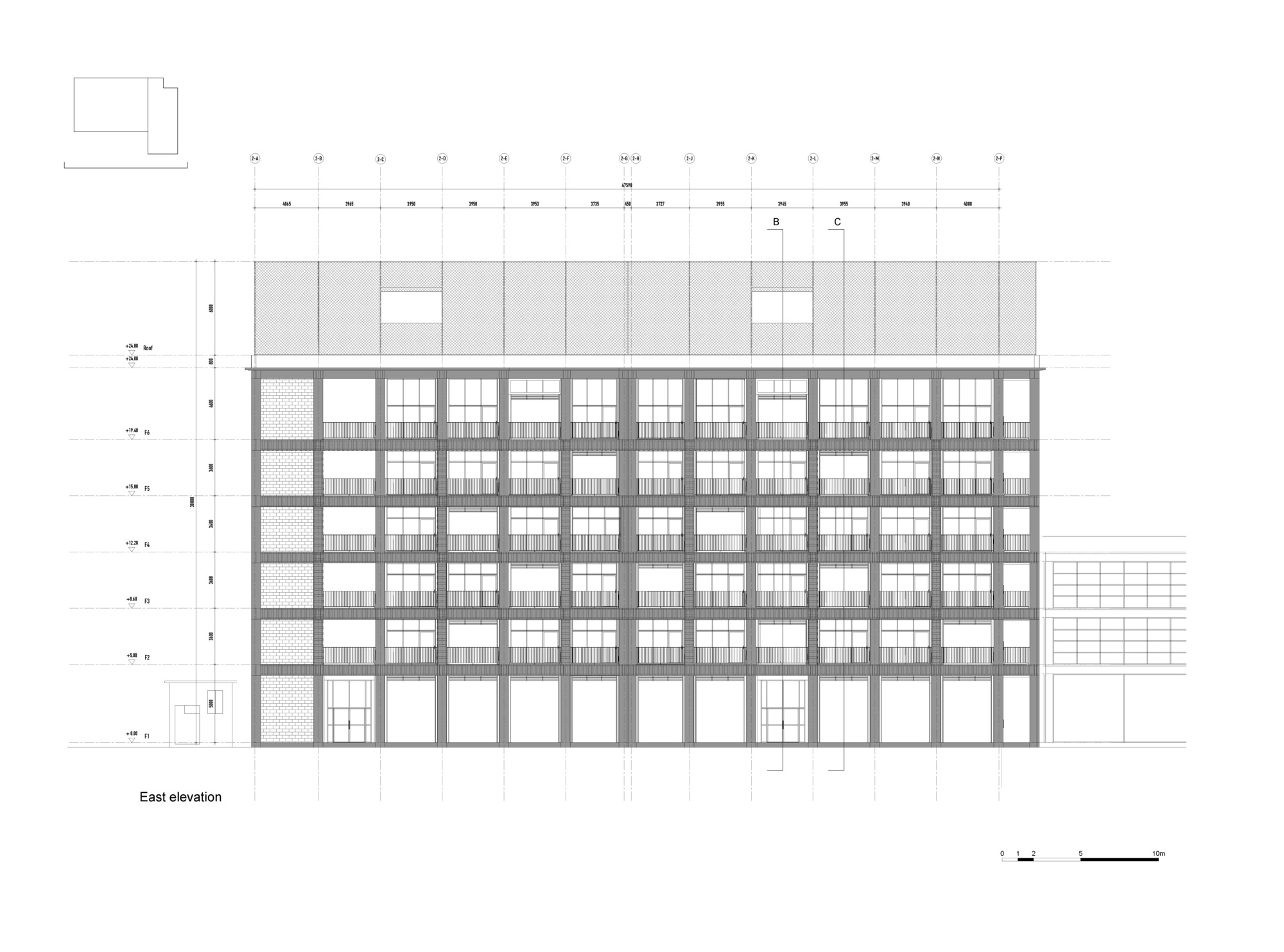East elevation drawing showing a multi-storey gridded facade with rhythmic window openings and rooftop volumes