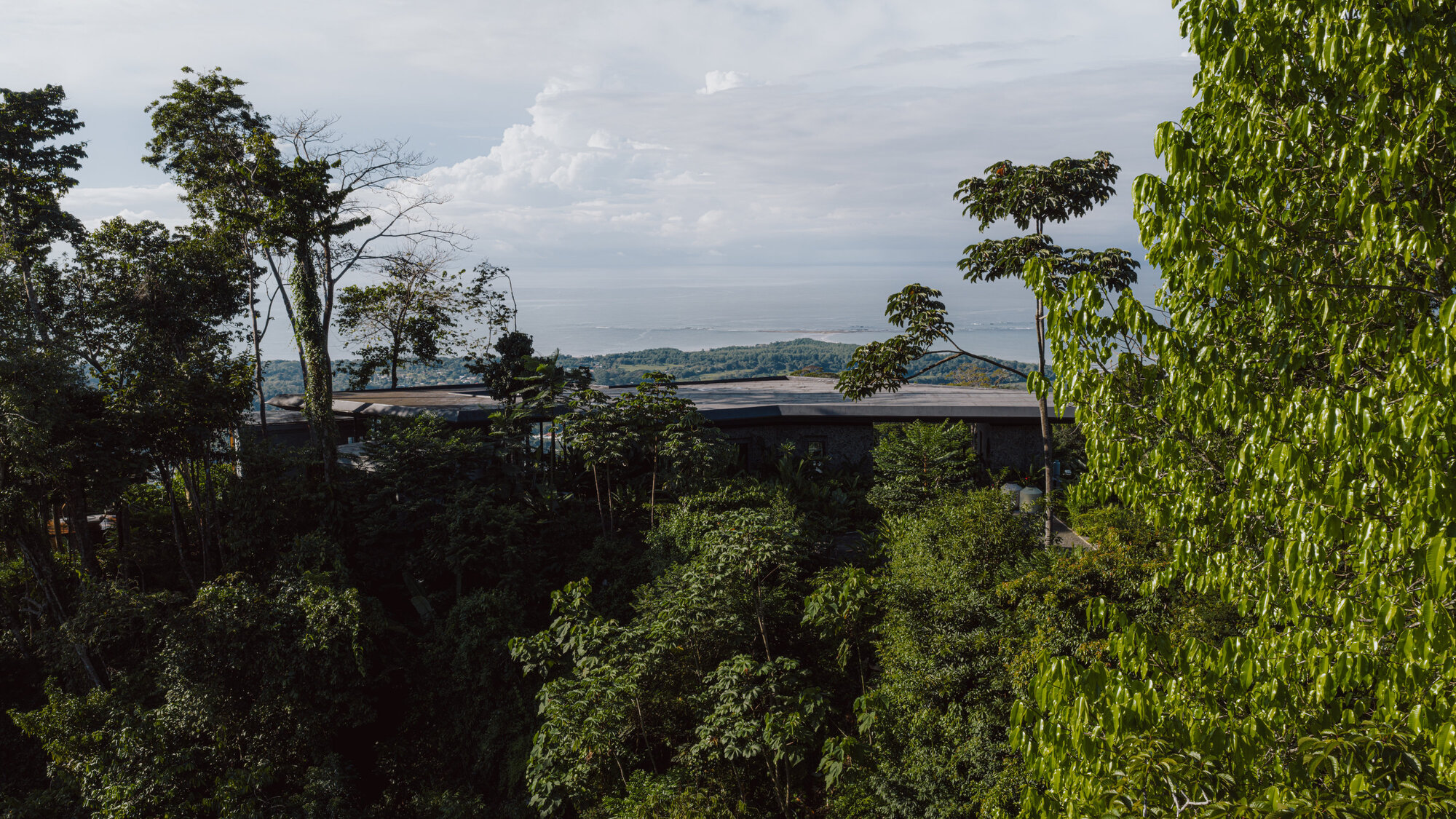 Low-slung pavilion with overhanging roof nestled within lush hillside vegetation under cloudy sky