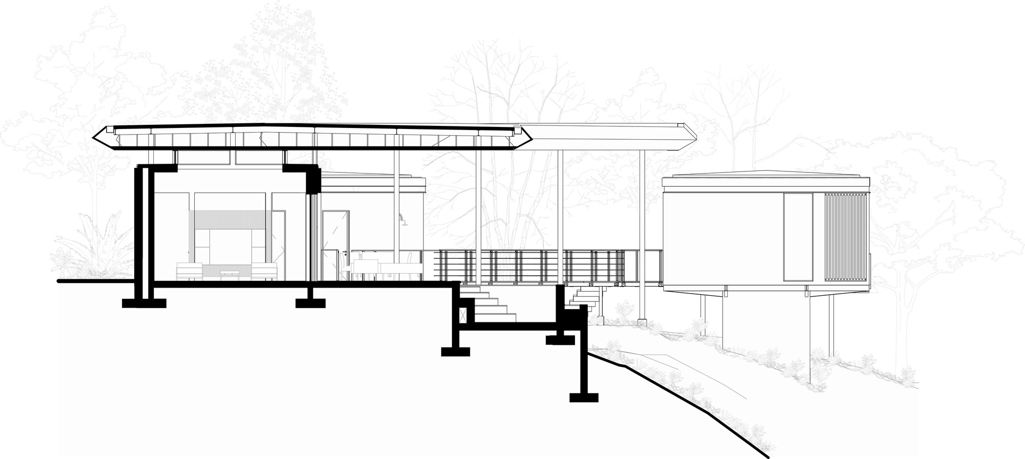 Section drawing showing the multi-level structure stepping down a sloped site with trees