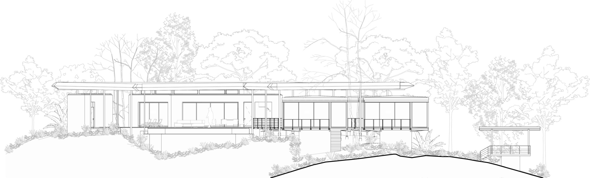 Elevation drawing depicting the horizontal volumes among landscaped terrain and tree outlines