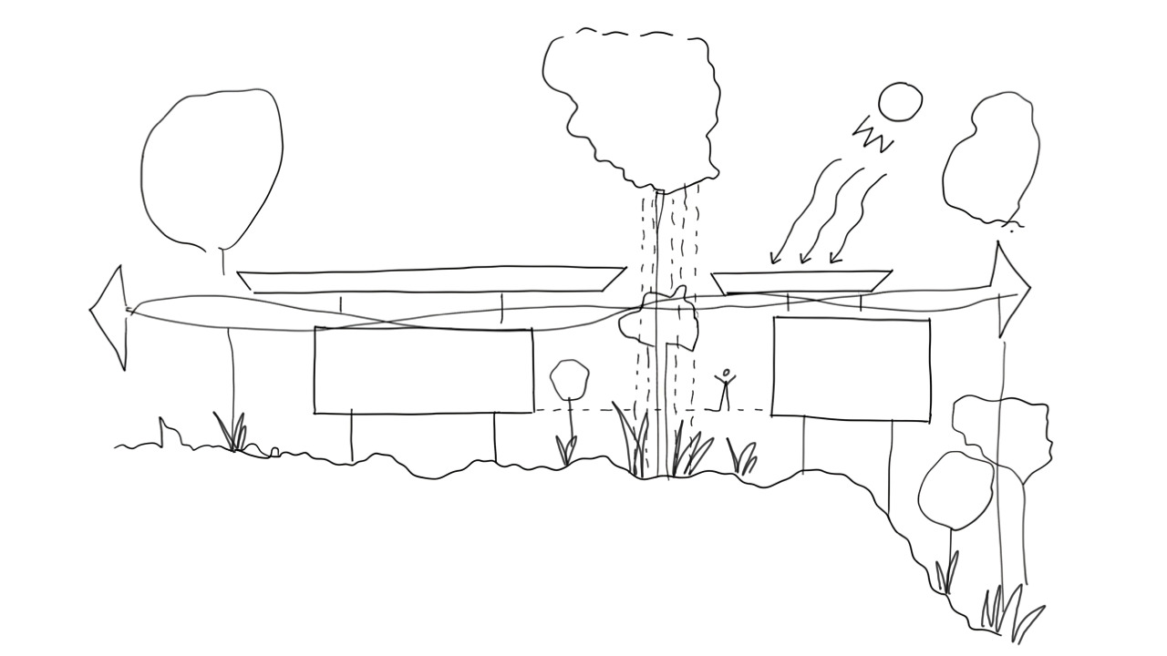 Section drawing showing a linear structure with two boxed volumes beneath a flat roof with trees and wind lines