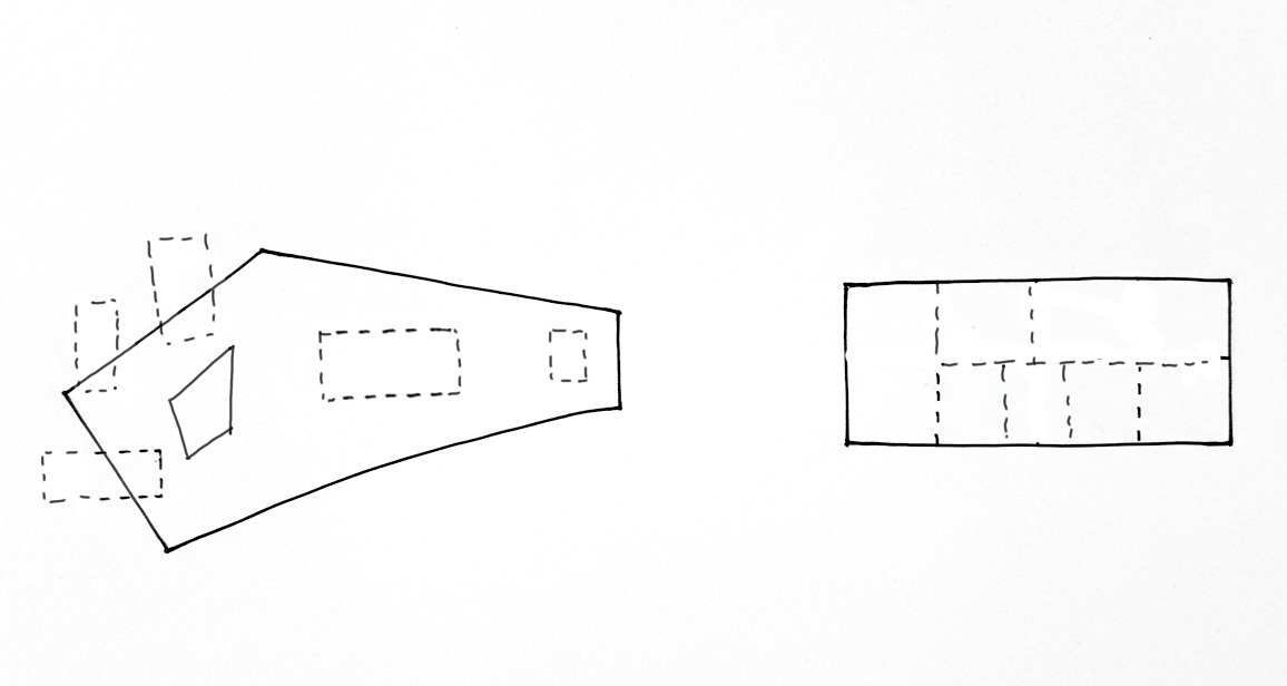 Plan and elevation drawing showing an angled footprint with interior partitions indicated by dashed lines