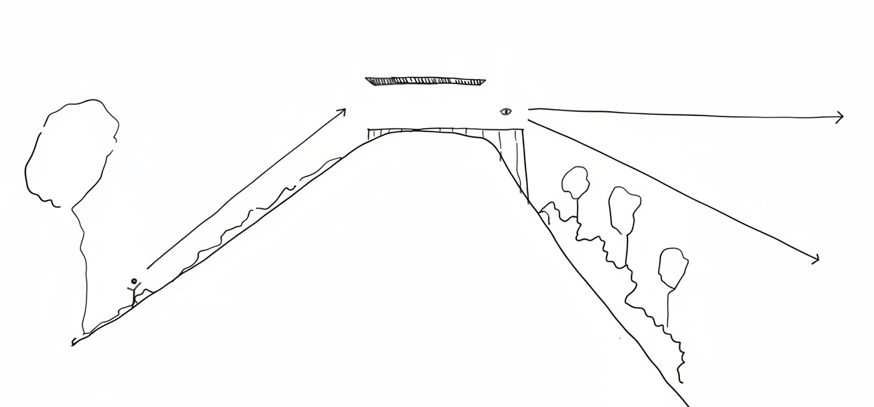 Section drawing illustrating the sloping site with arrows indicating airflow and landscape contours with trees