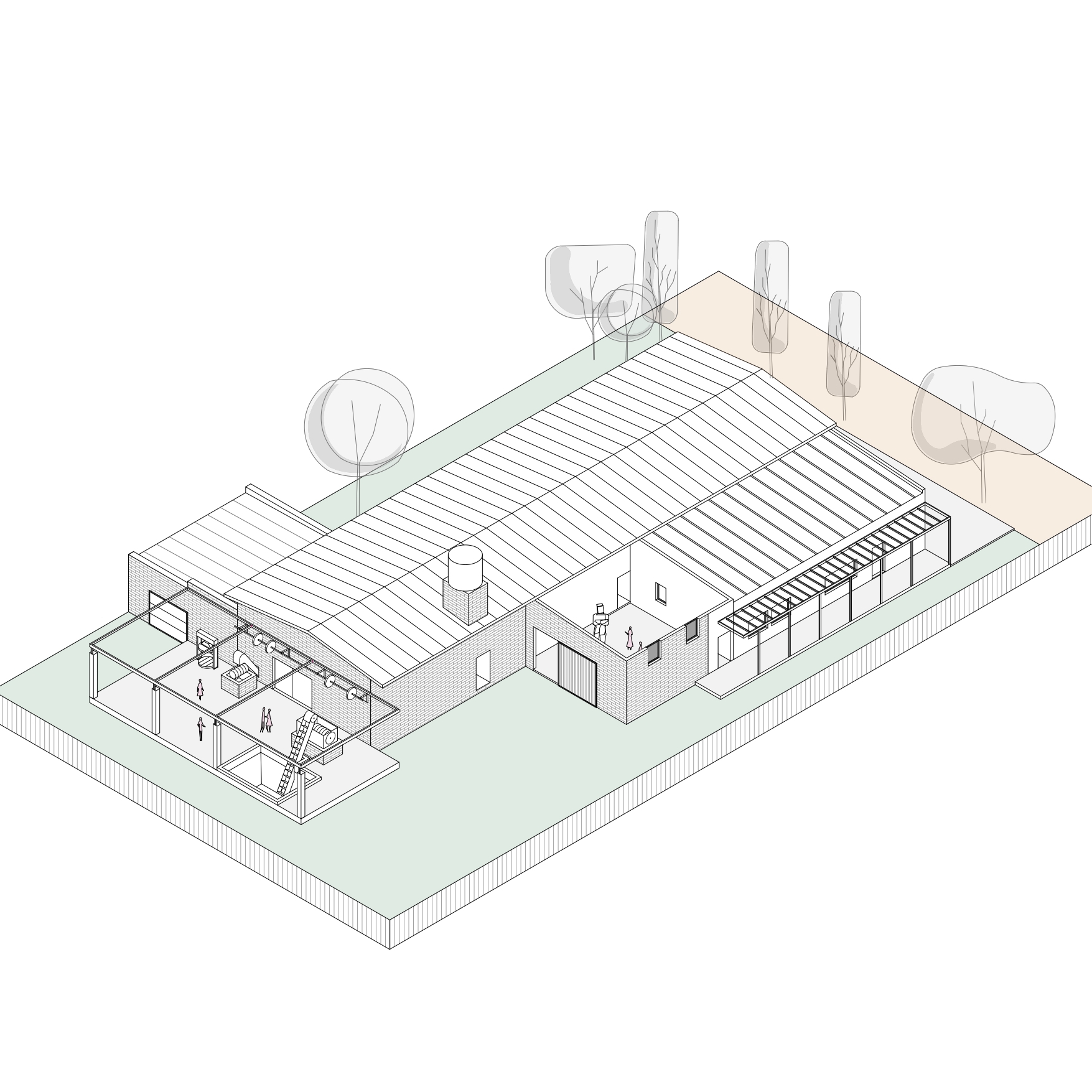 Axonometric drawing showing the linear volumes under corrugated roofs with interior rooms and surrounding trees