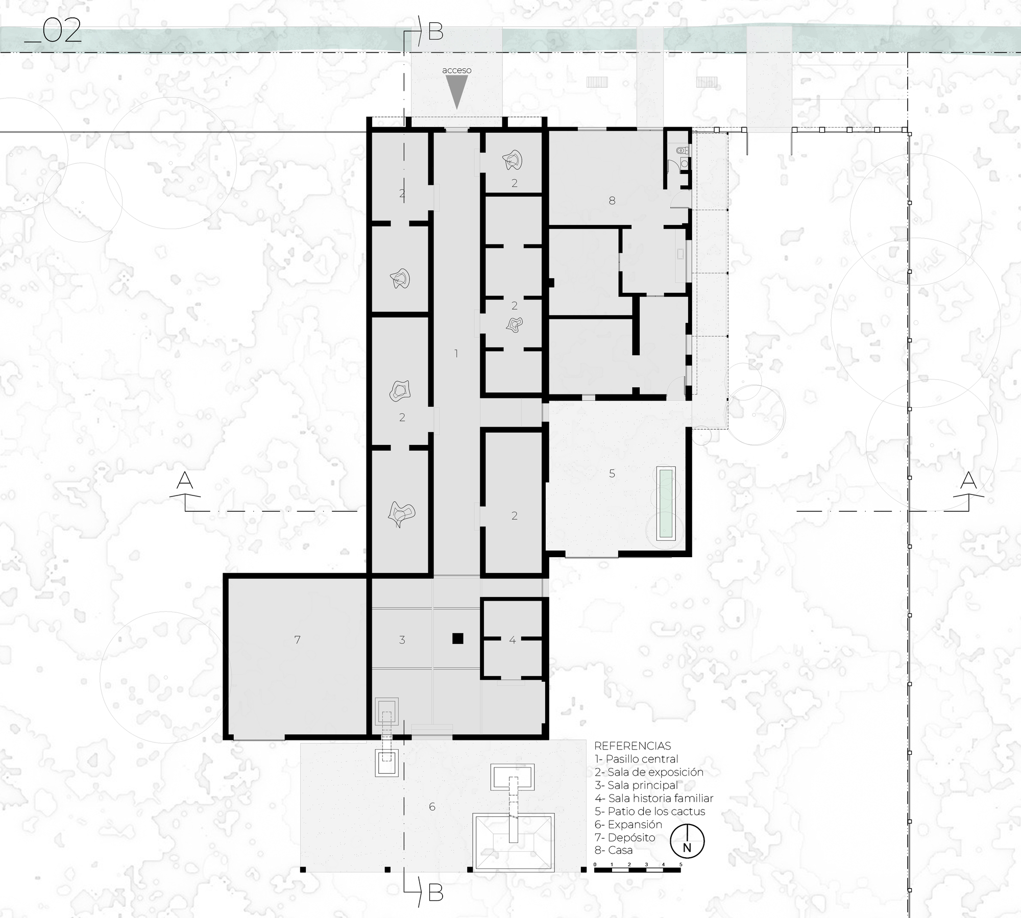 Floor plan drawing showing clustered rooms and corridors arranged around a central core