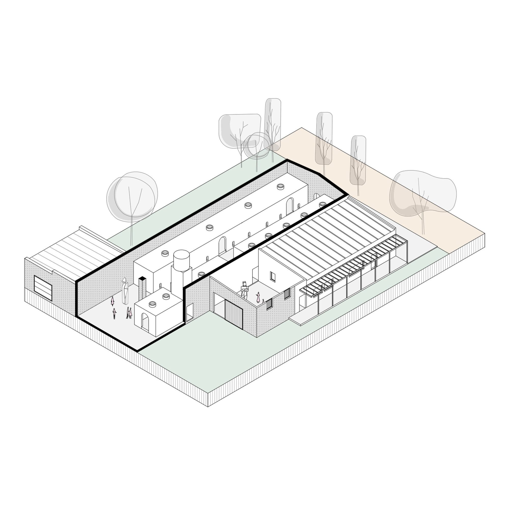 Axonometric cutaway drawing revealing the interior corridor lined with circular skylights beneath the pitched roof